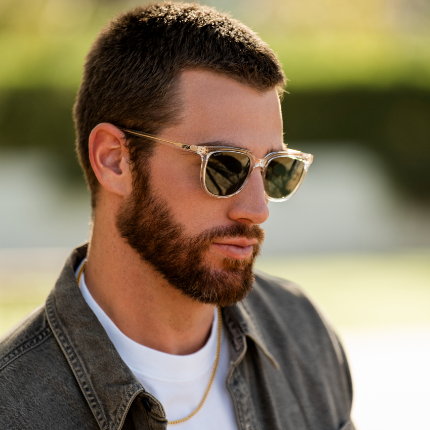 Clear / Smoke Green Lens || Clear Square Frame Sunglasses with Green Polarized Lenses