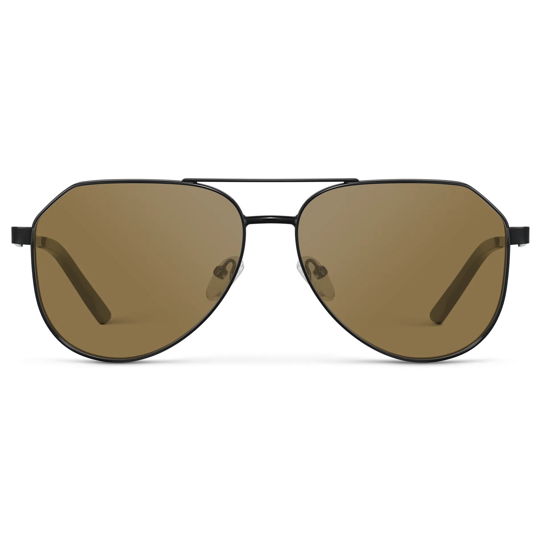 Black / Amber || Men's Stainless Steel Aviator Prescription Sunglasses with Black Frame and Brown Lens on a white background