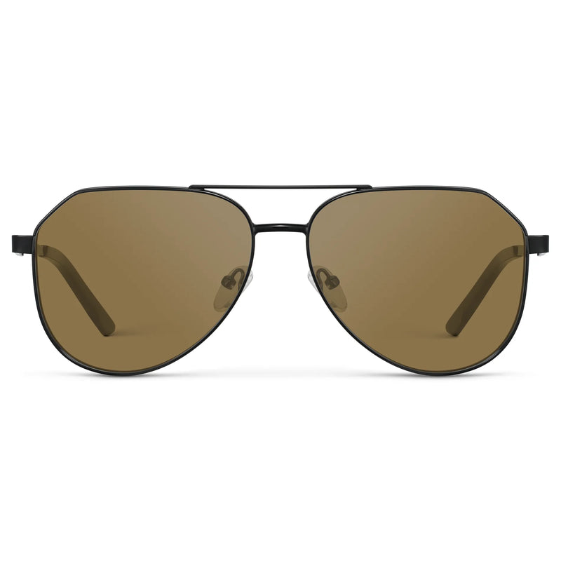 Black / Amber || Men's Stainless Steel Aviator Prescription Sunglasses with Black Frame and Brown Lens on a white background