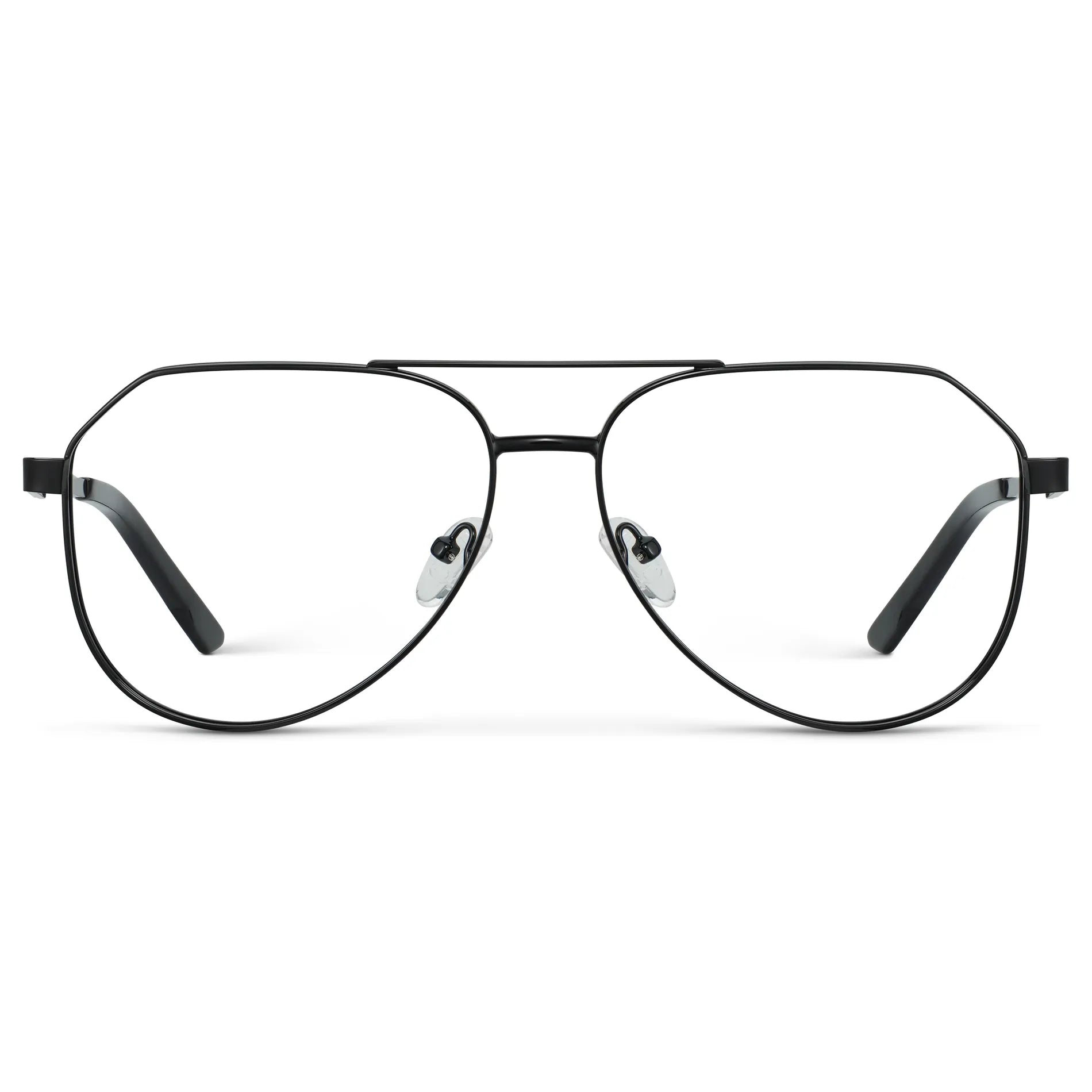 Black || Men's Stainless Steel Aviator Prescription Glasses with Black Frame and Clear Lens on a white background