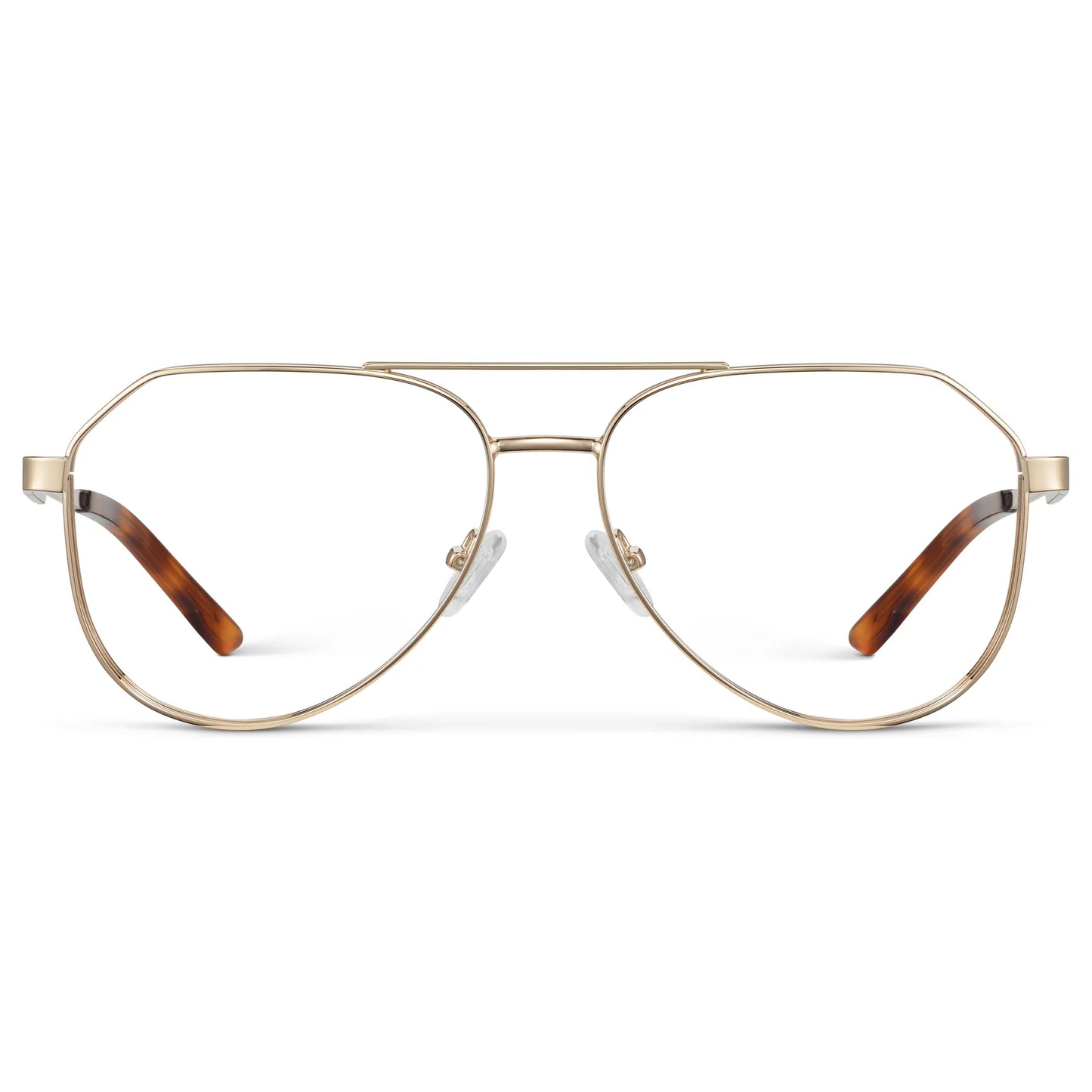 Gold || Men's Stainless Steel Aviator Prescription Glasses with Gold Frame and Clear Lens on a white background