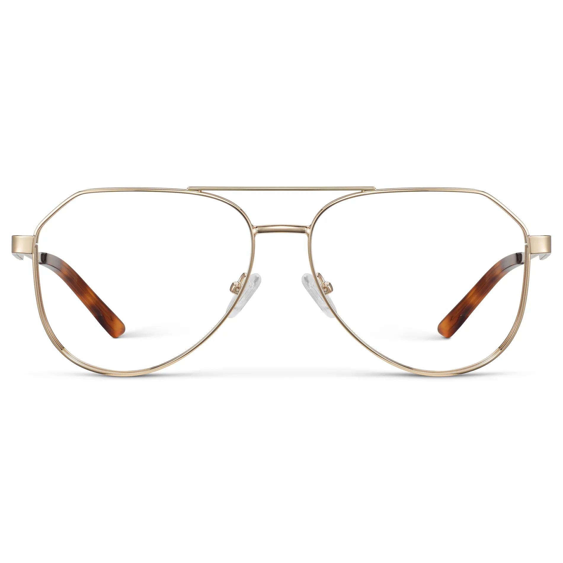 Gold || Men's Stainless Steel Aviator Prescription Glasses with Gold Frame and Clear Lens on a white background
