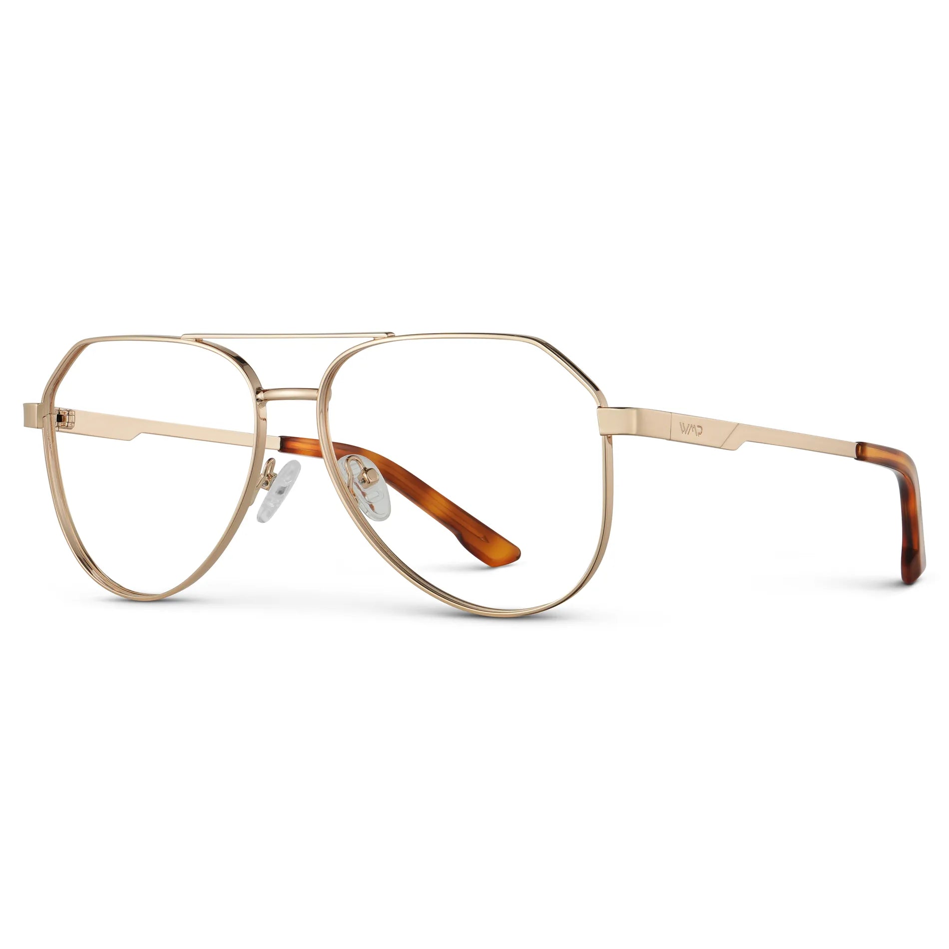 Gold || Side view of Men's Stainless Steel Aviator Prescription Glasses with Gold Frame and Clear Lens on a white background