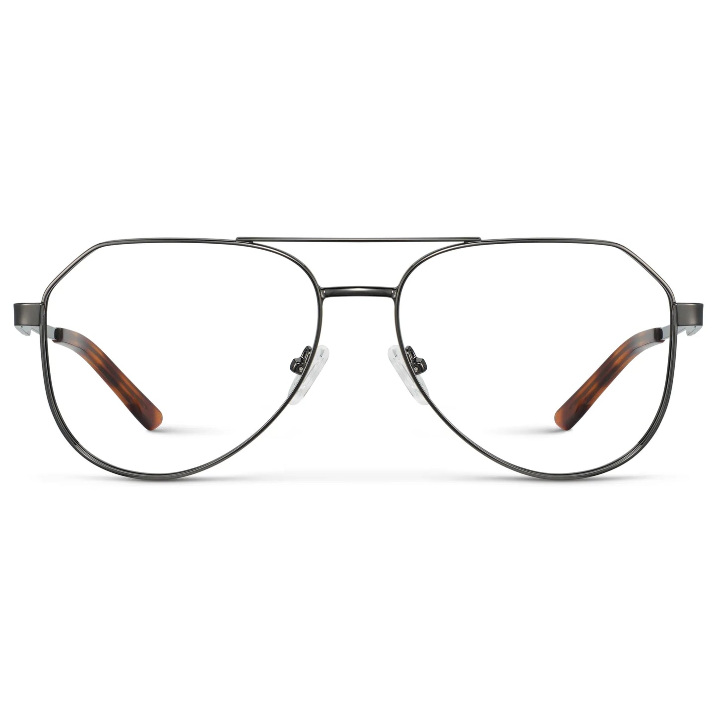 Gunmetal || Men's Stainless Steel Aviator Prescription Glasses with Gunmetal Frame and Clear Lens on a white background
