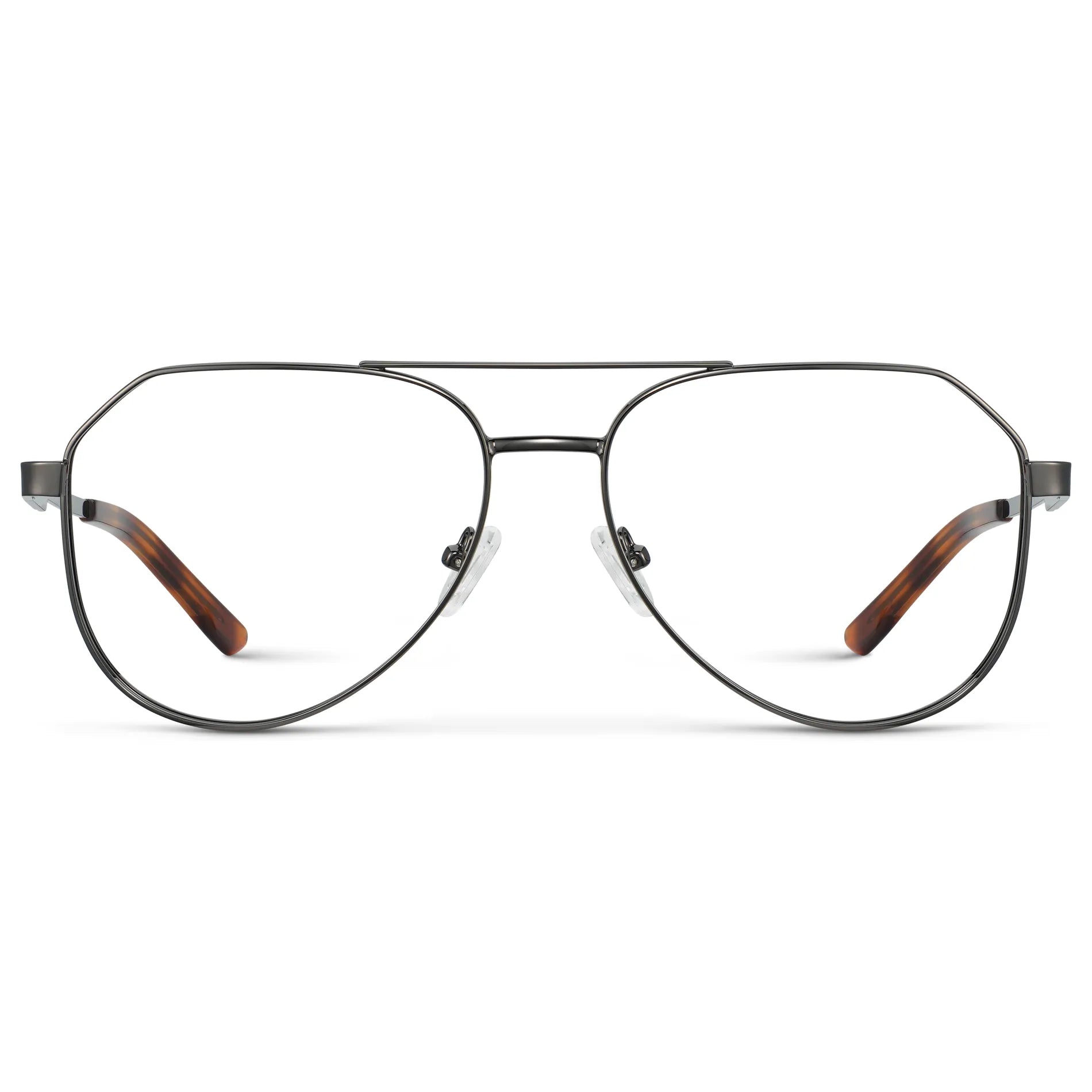 Gunmetal || Men's Stainless Steel Aviator Prescription Glasses with Gunmetal Frame and Clear Lens on a white background