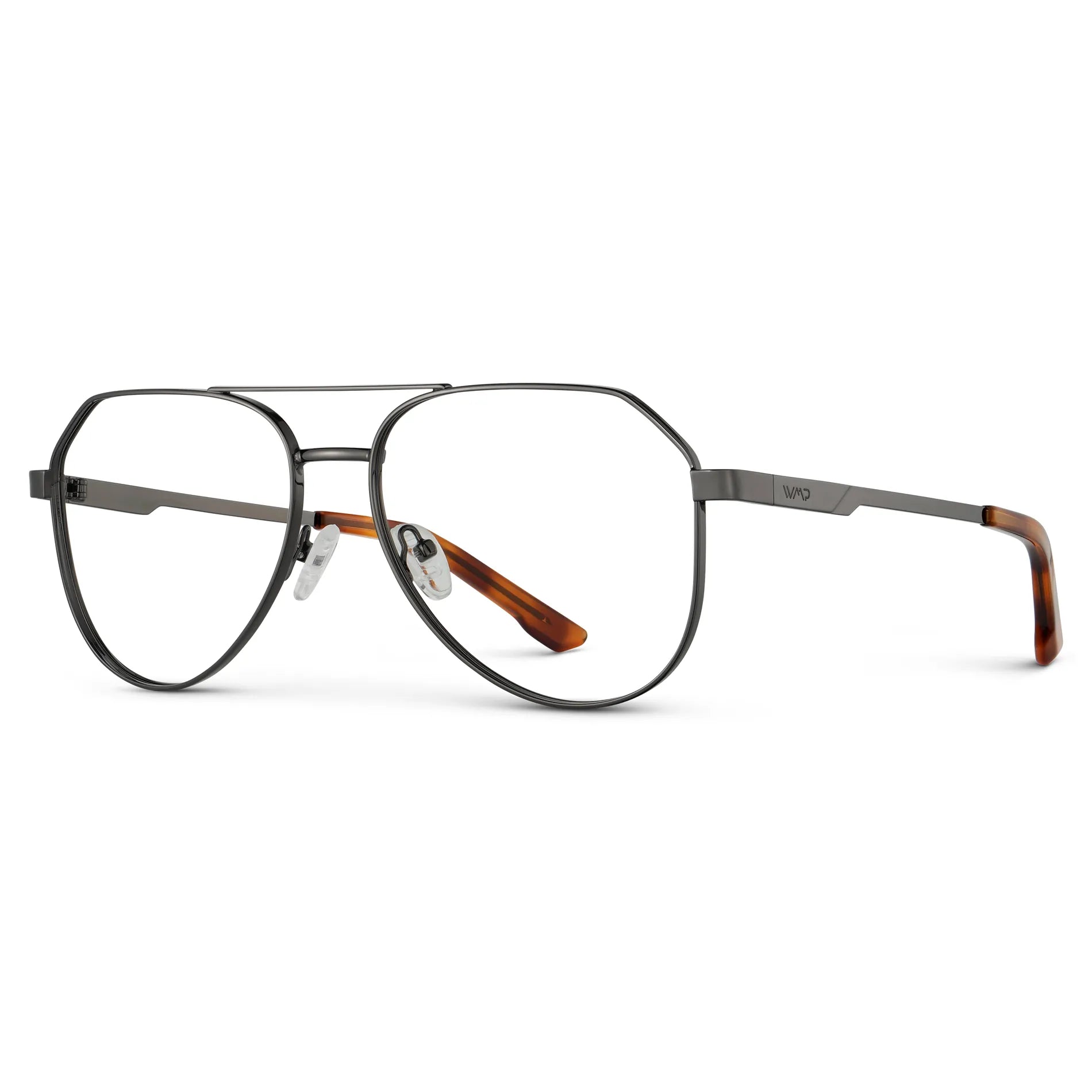 Gunmetal || Side view of Men's Stainless Steel Aviator Prescription Glasses with Gunmetal Frame and Clear Lens on a white background