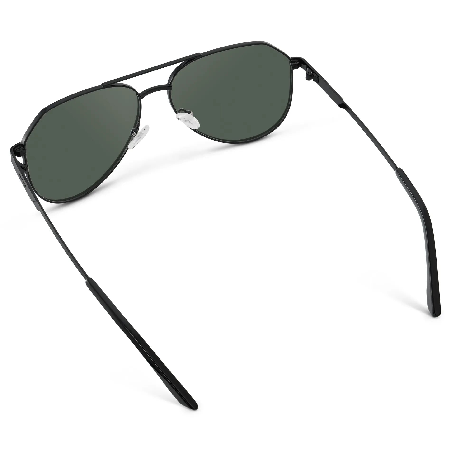 Black / G15 || Back view of Men's Stainless Steel Aviator Prescription Sunglasses with Black Frame and Green Lens on a white background