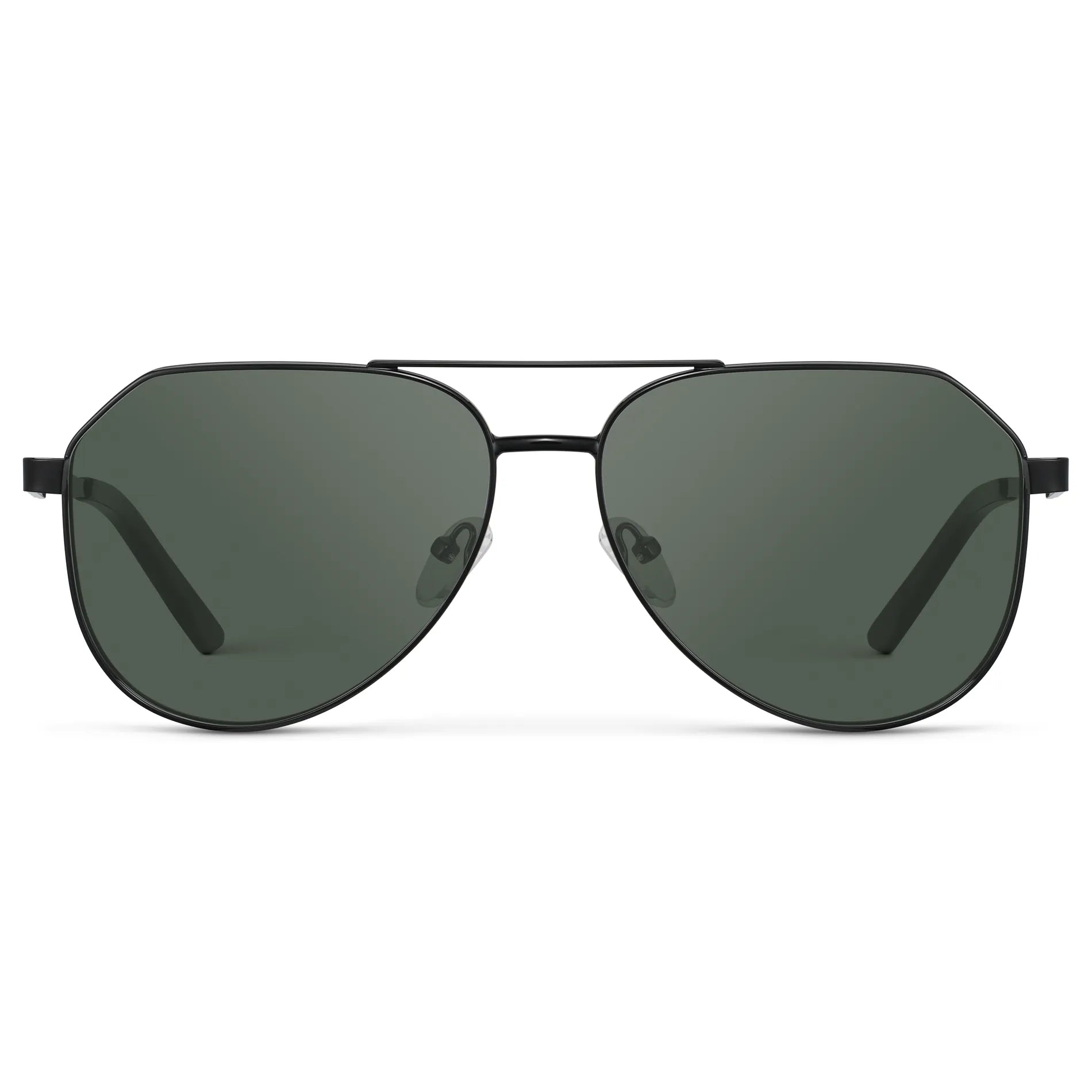 Black / G15 || Men's Stainless Steel Aviator Prescription Sunglasses with Black Frame and Green Lens on a white background