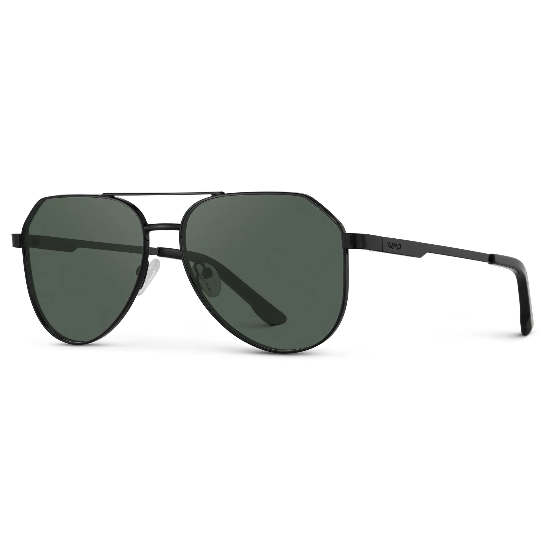 Black / G15 || Side view of Men's Stainless Steel Aviator Prescription Sunglasses with Black Frame and Green Lens on a white background
