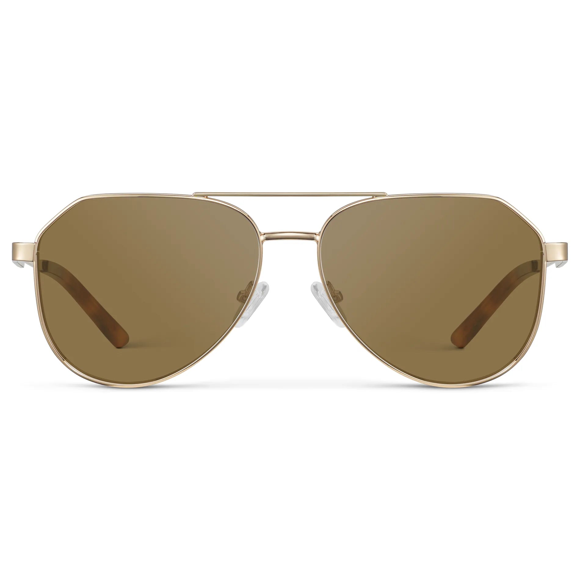 Gold / Amber || Men's Stainless Steel Aviator Prescription Sunglasses with Gold Frame and Brown Lens on a white background