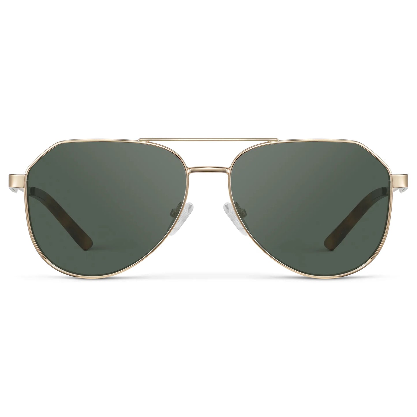 Gold / G15 || Men's Stainless Steel Aviator Prescription Sunglasses with Gold Frame and Green Lens on a white background
