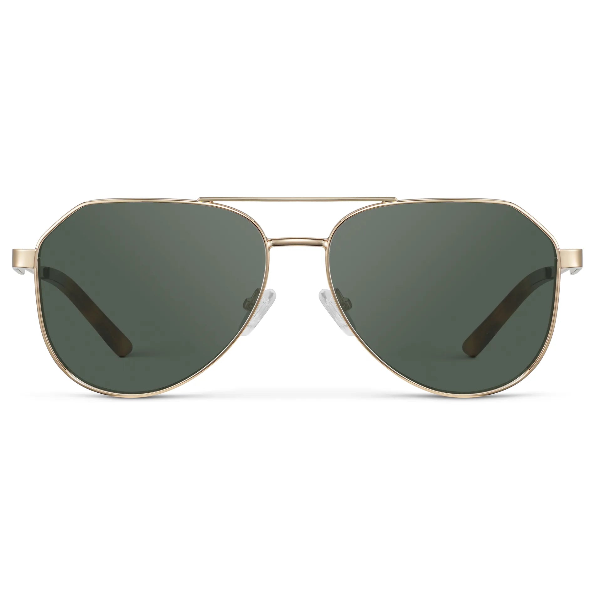 Gold / G15 || Men's Stainless Steel Aviator Prescription Sunglasses with Gold Frame and Green Lens on a white background