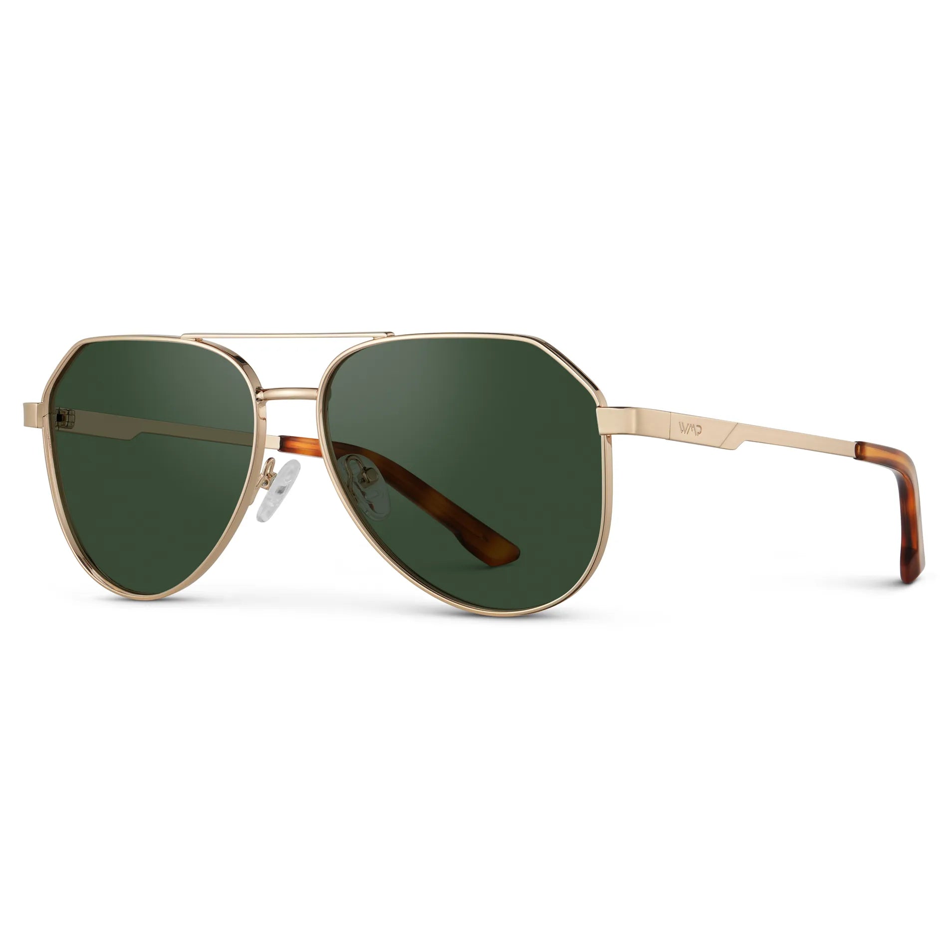 Gold / Smoke Green Lens || Side view of Men's Stainless Steel Aviator Sunglasses with Gold Frame and Smoke Green Lens on a white background