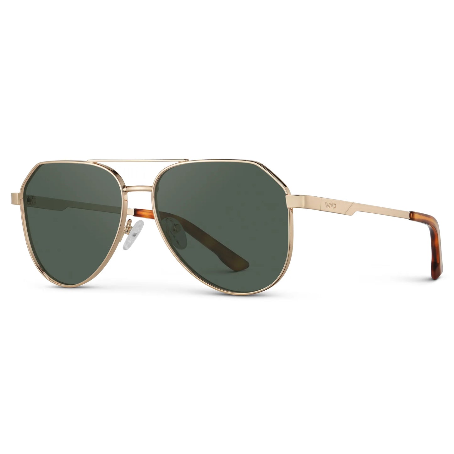 Gold / G15 || Side view of Men's Stainless Steel Aviator Prescription Sunglasses with Gold Frame and Green Lens on a white background