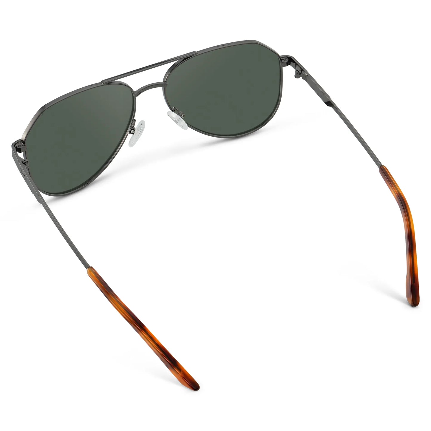 Gunmetal / G15 || Back view of Men's Stainless Steel Aviator Prescription Sunglasses with Gunmetal Frame and Green Lens on a white background
