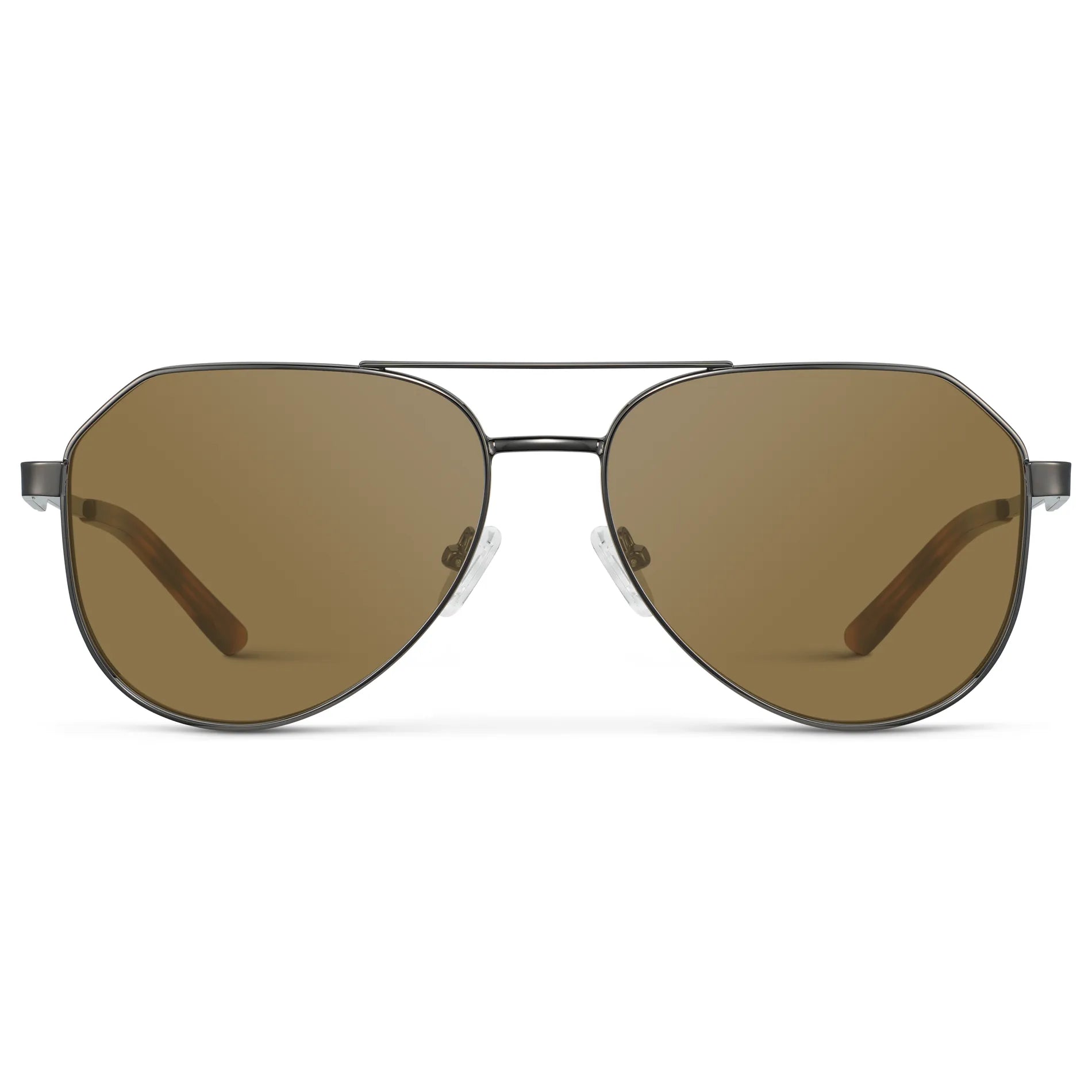 Gunmetal / Amber || Men's Stainless Steel Aviator Prescription Sunglasses with Gunmetal Frame and Brown Lens on a white background