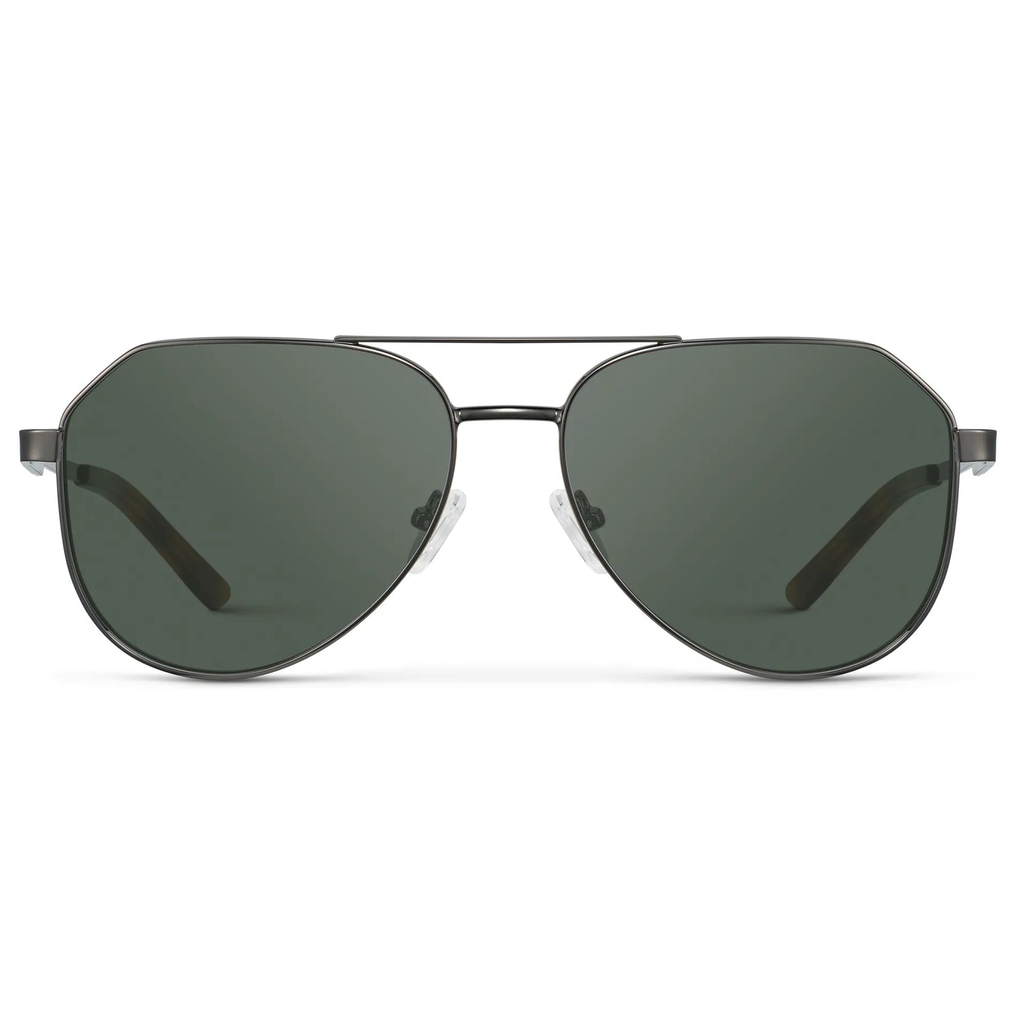 Gunmetal / G15 || Men's Stainless Steel Aviator Prescription Sunglasses with Gunmetal Frame and Green Lens on a white background