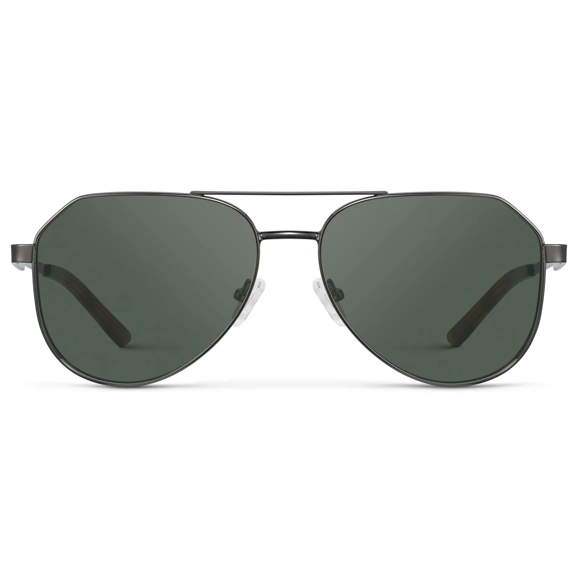 Gunmetal / G15 || Men's Stainless Steel Aviator Prescription Sunglasses with Gunmetal Frame and Green Lens on a white background