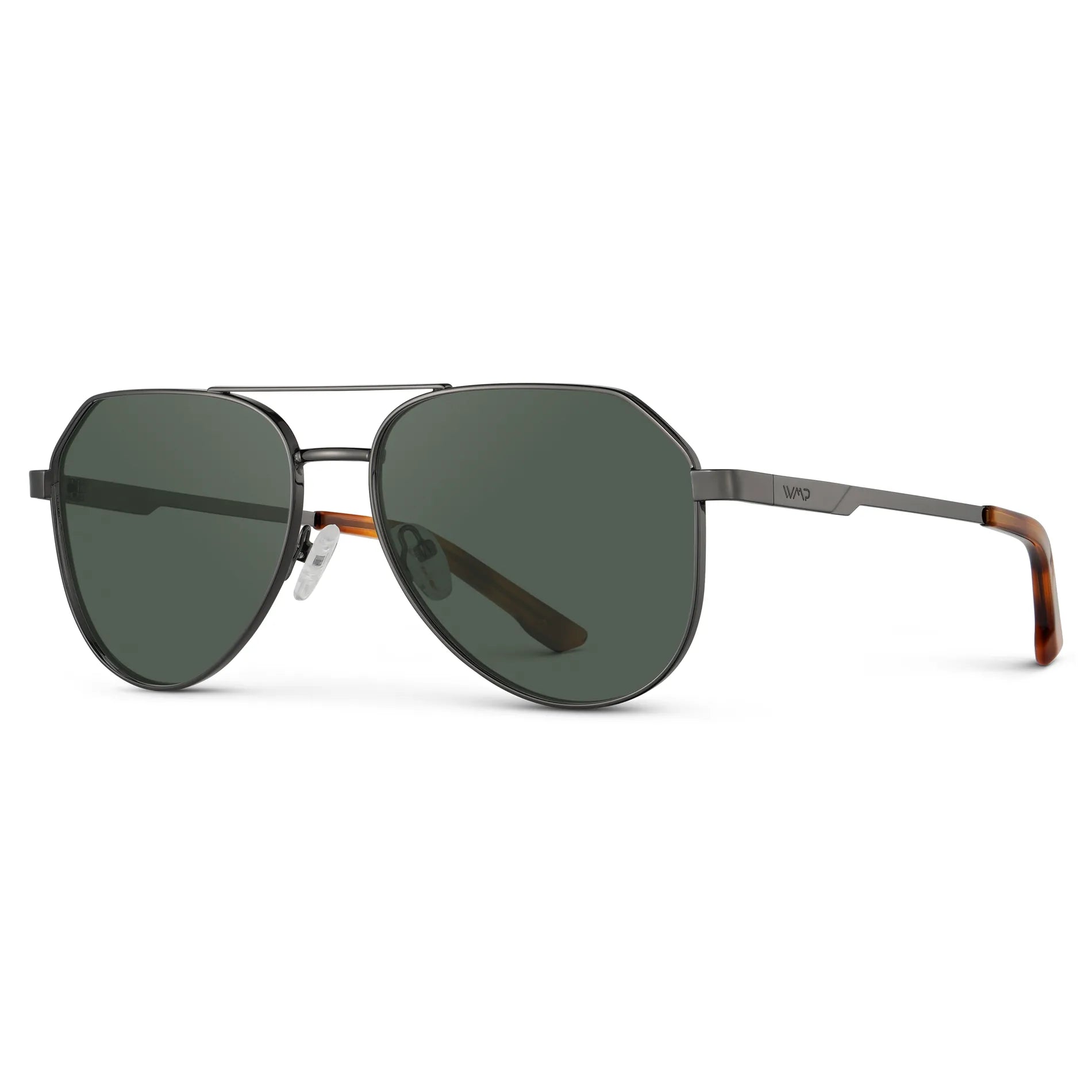 Gunmetal / G15 || Side view of Men's Stainless Steel Aviator Prescription Sunglasses with Gunmetal Frame and Green Lens on a white background