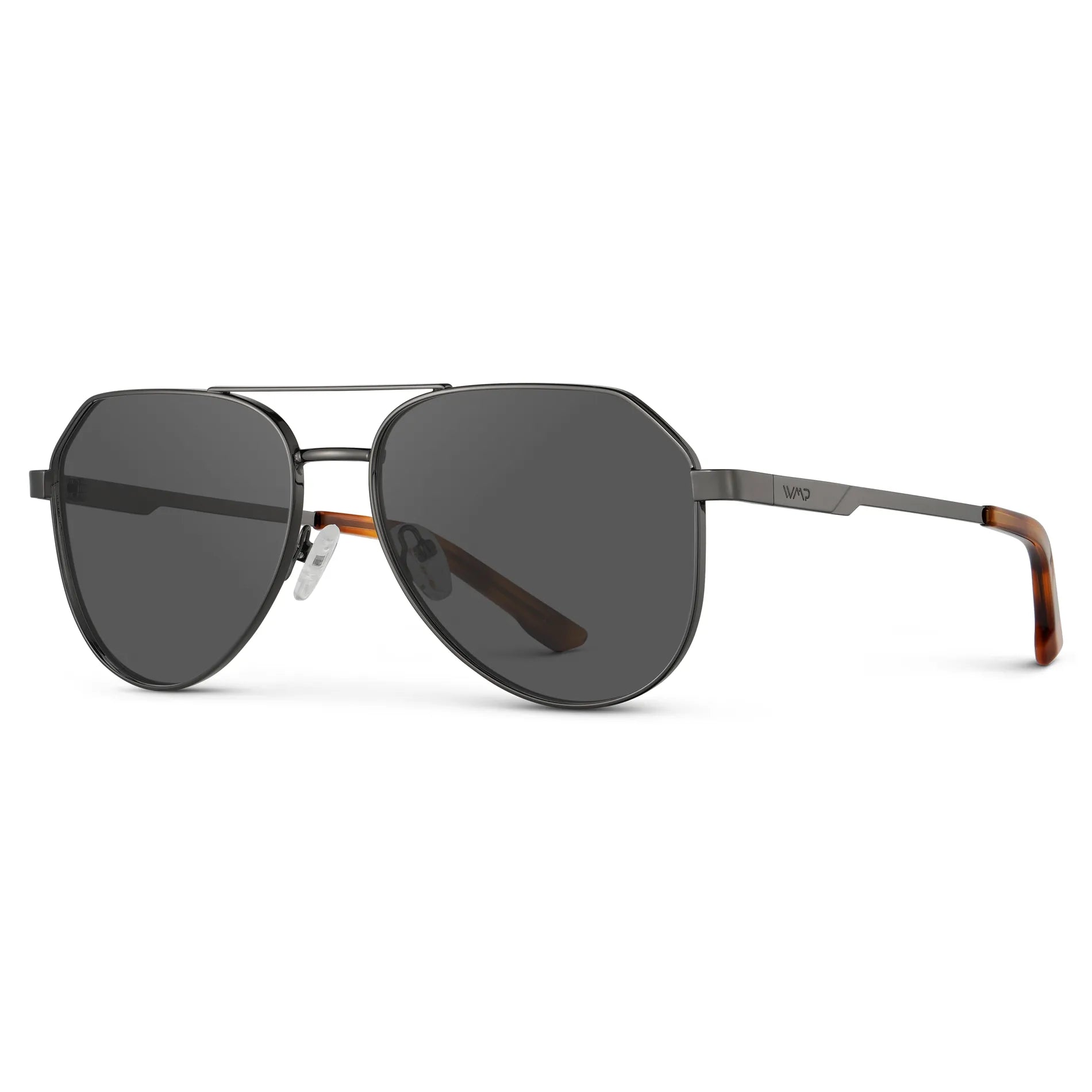 Gunmetal / Grey || Side view of Men's Stainless Steel Aviator Prescription Sunglasses with Gunmetal Frame and Grey Lens on a white background