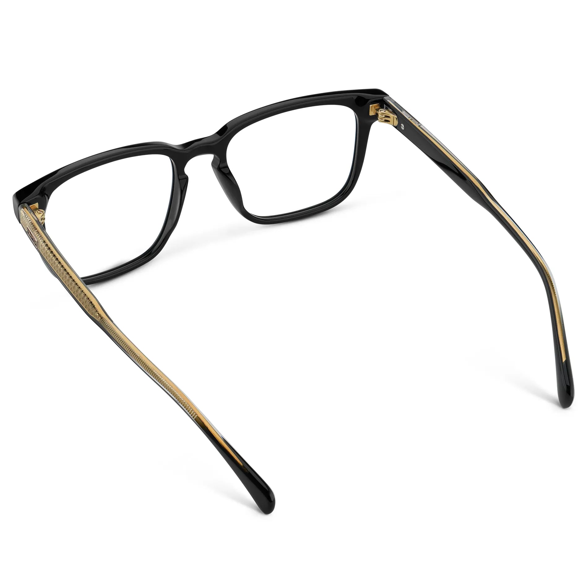 Black || Back view of Men's Rectangular Prescription Eyeglasses with Black Frame and Clear Lens on a white background