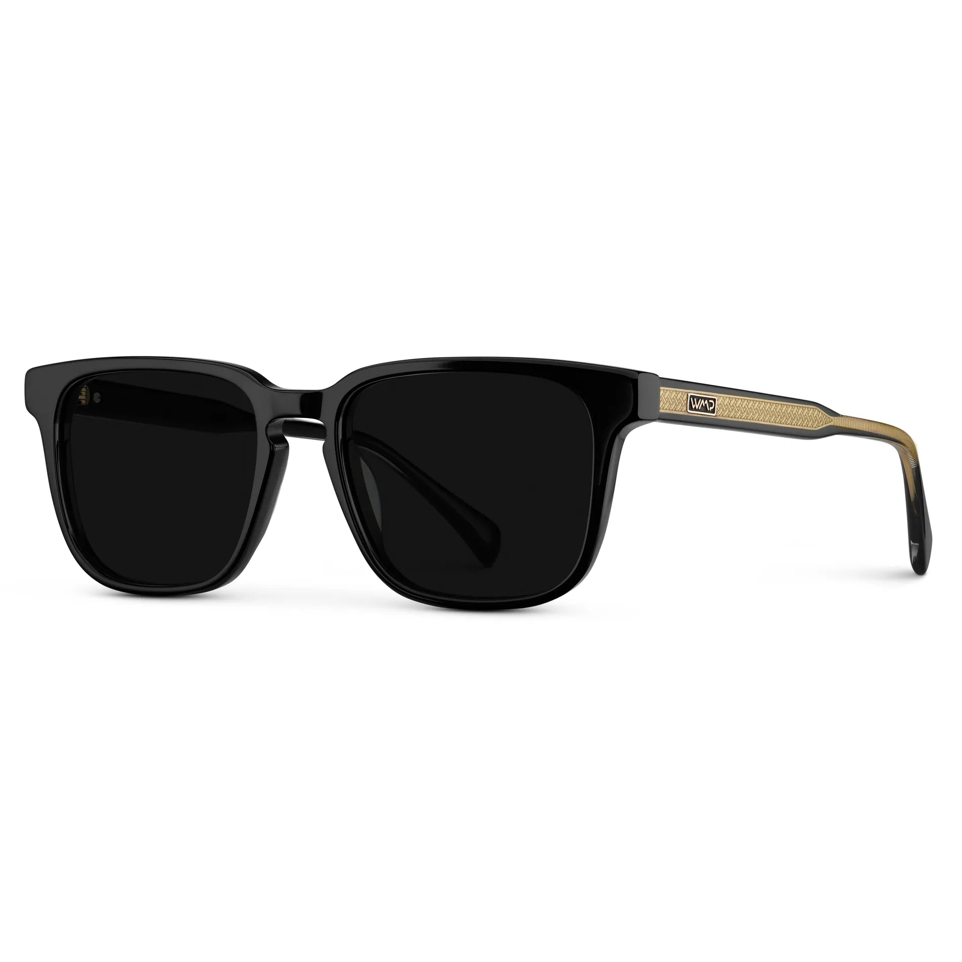 Black / Triple Black Lens || Side view of Men's Rectangular Polarized Sunglasses with Black Frame and Black Lens on a white background