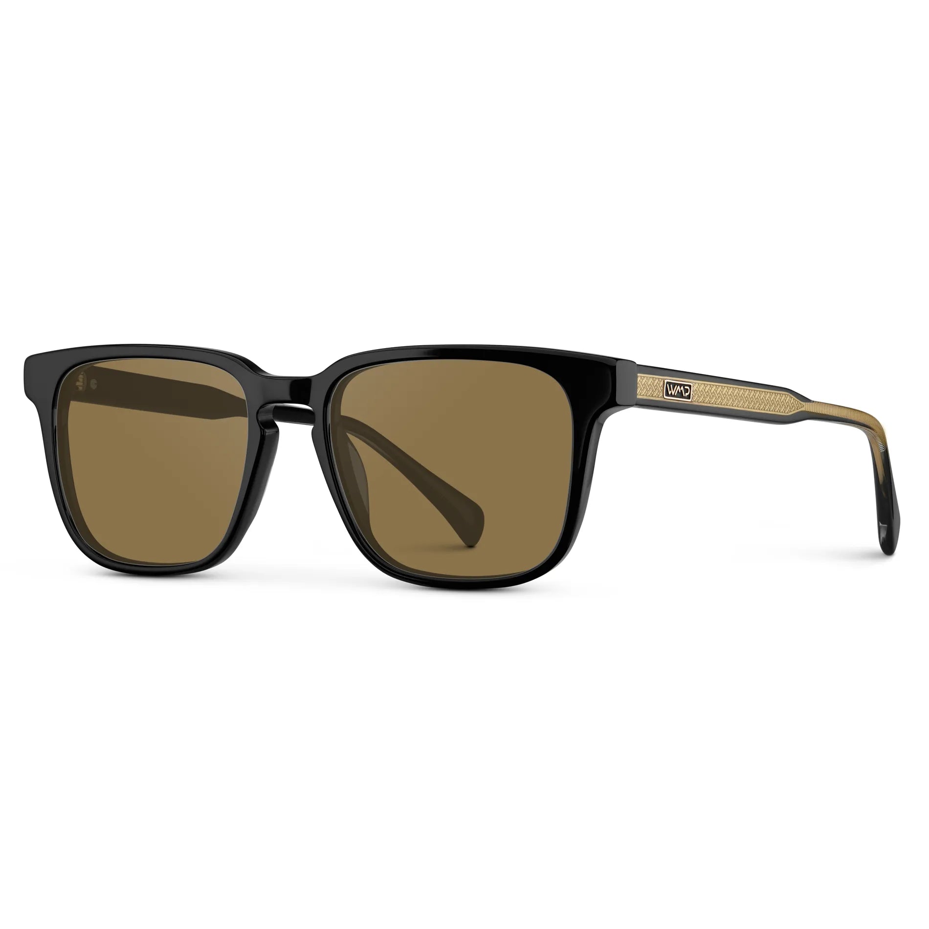 Black / Amber || Side view of Men's Rectangular Prescription Sunglasses with Black Frame and Brown Lens on a white background