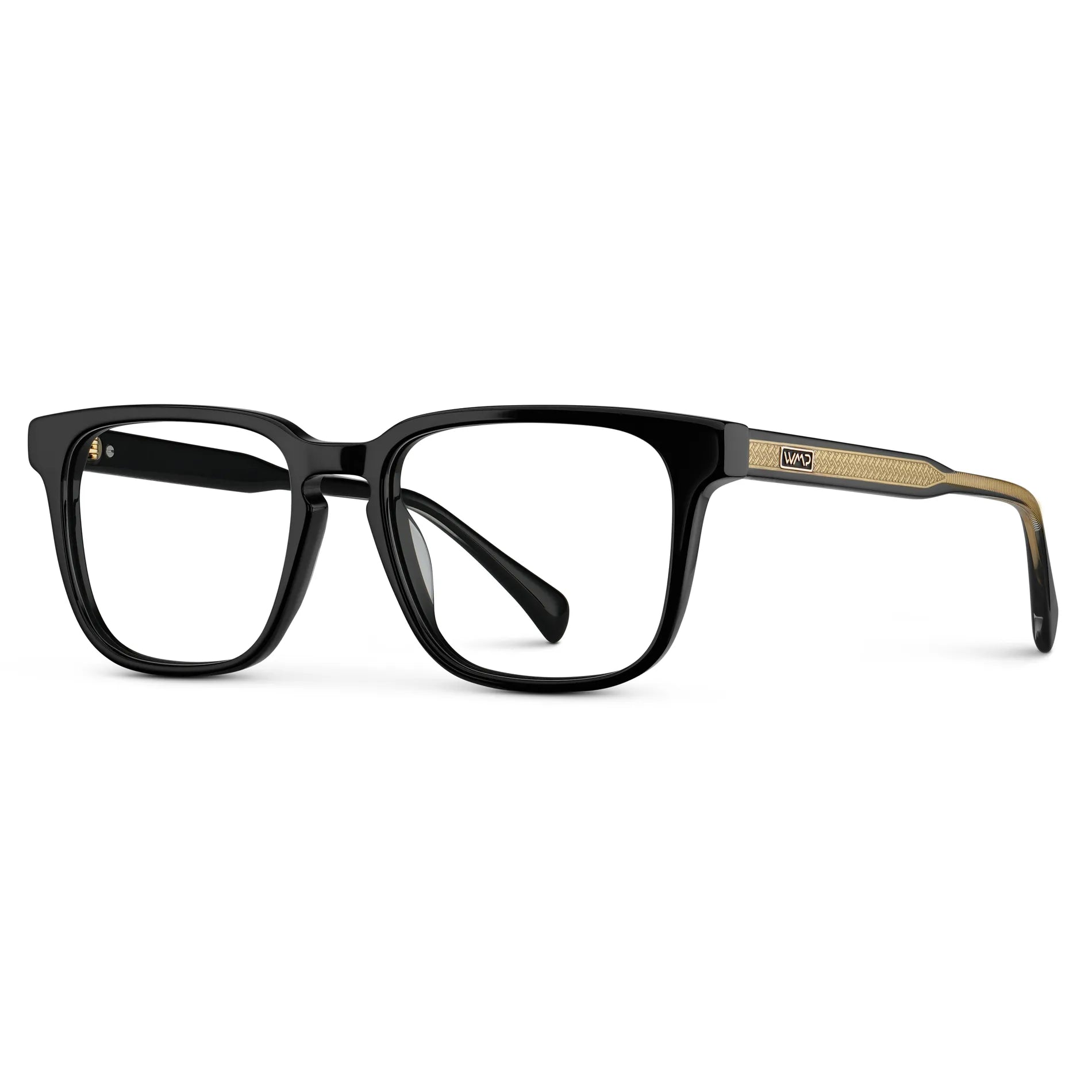 Black || Side view of Men's Rectangular Prescription Eyeglasses with Black Frame and Clear Lens on a white background