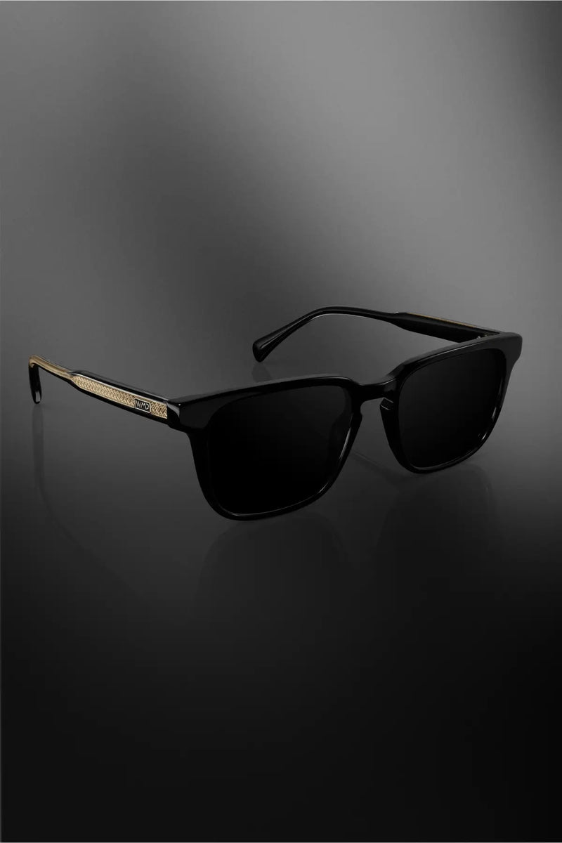 WMP Anders black rectangular sunglasses with gold engraved temples, side view