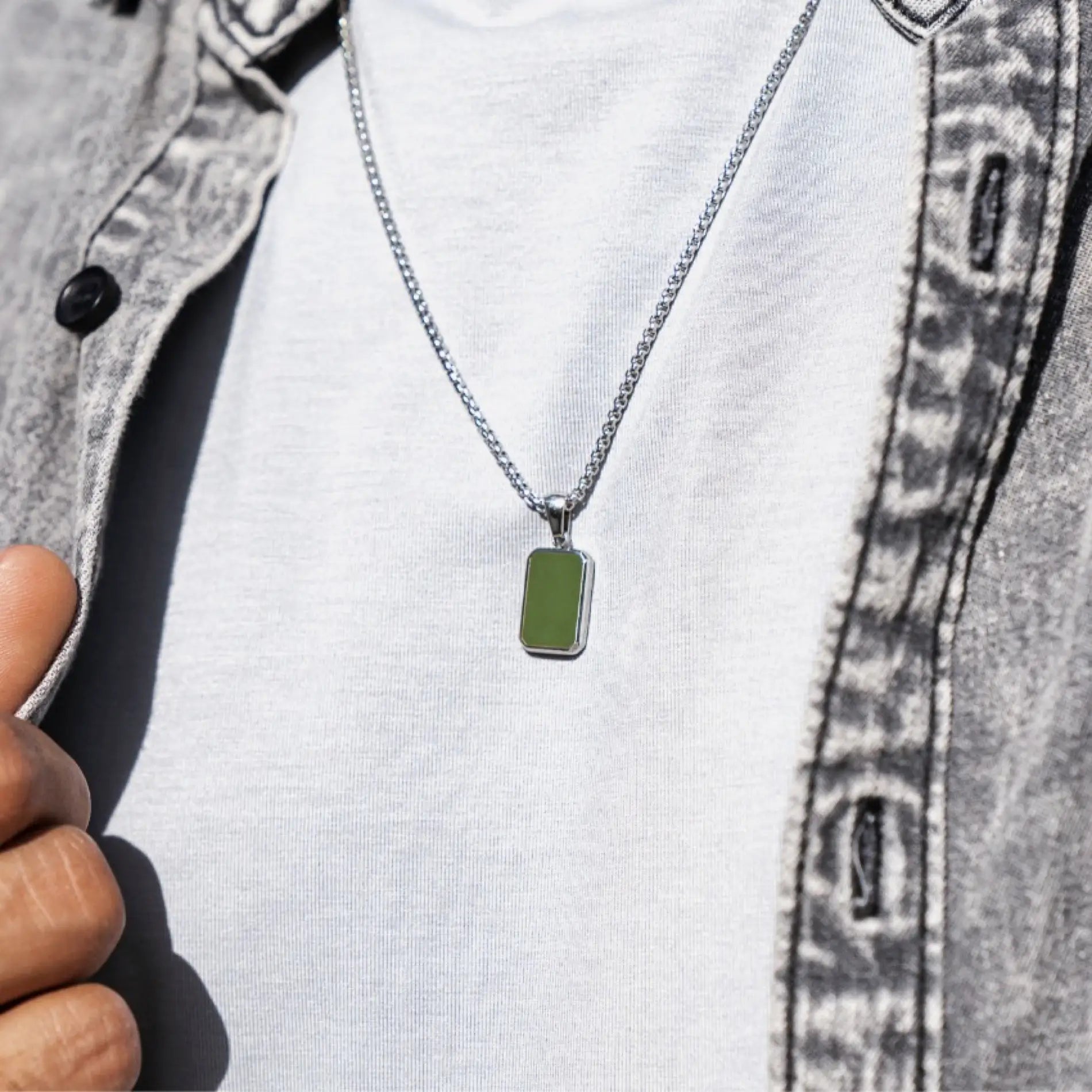 Silver / Pine Green Pendant || Affordable Statement Necklace with Green Rectangular Pendant