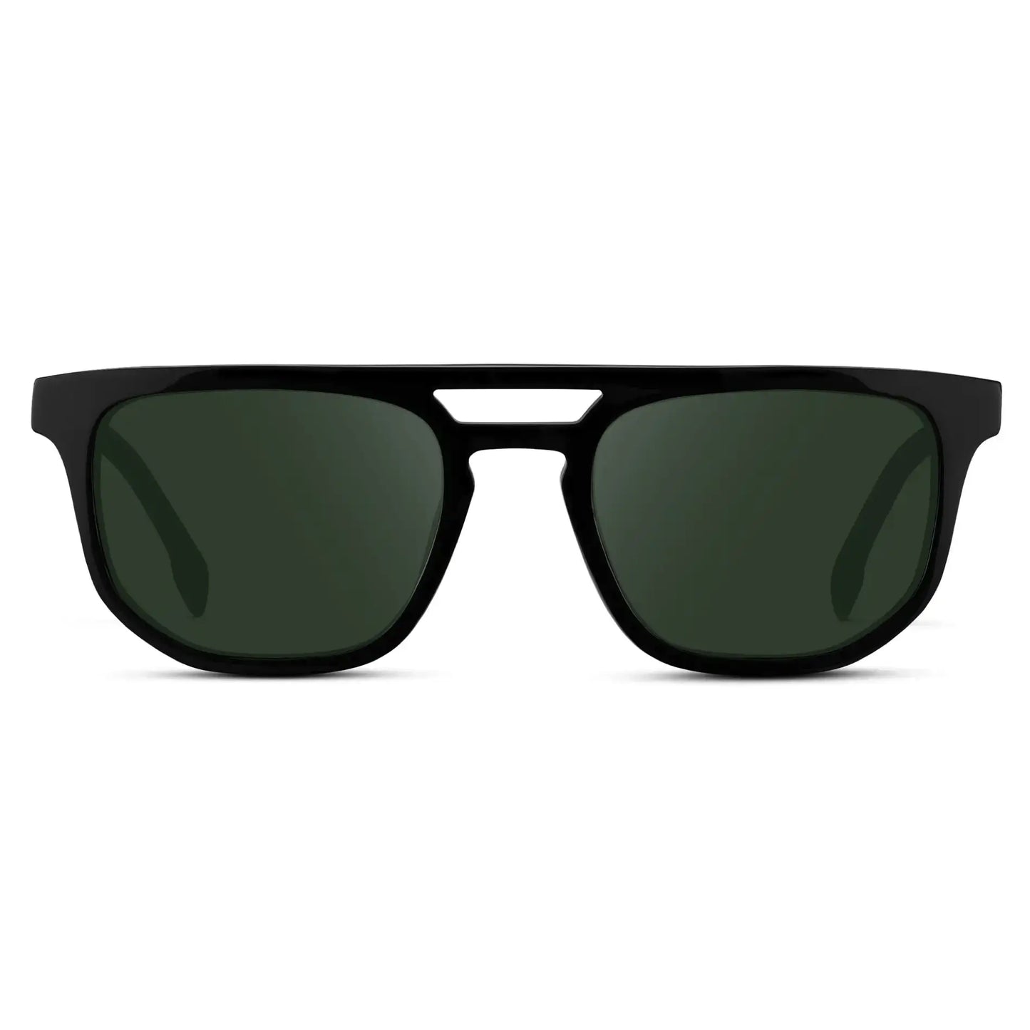 Black / G15 || Men's Rectangular Double Bridge Aviator Prescription Sunglasses with Black Frame and Green Lenses on a white background