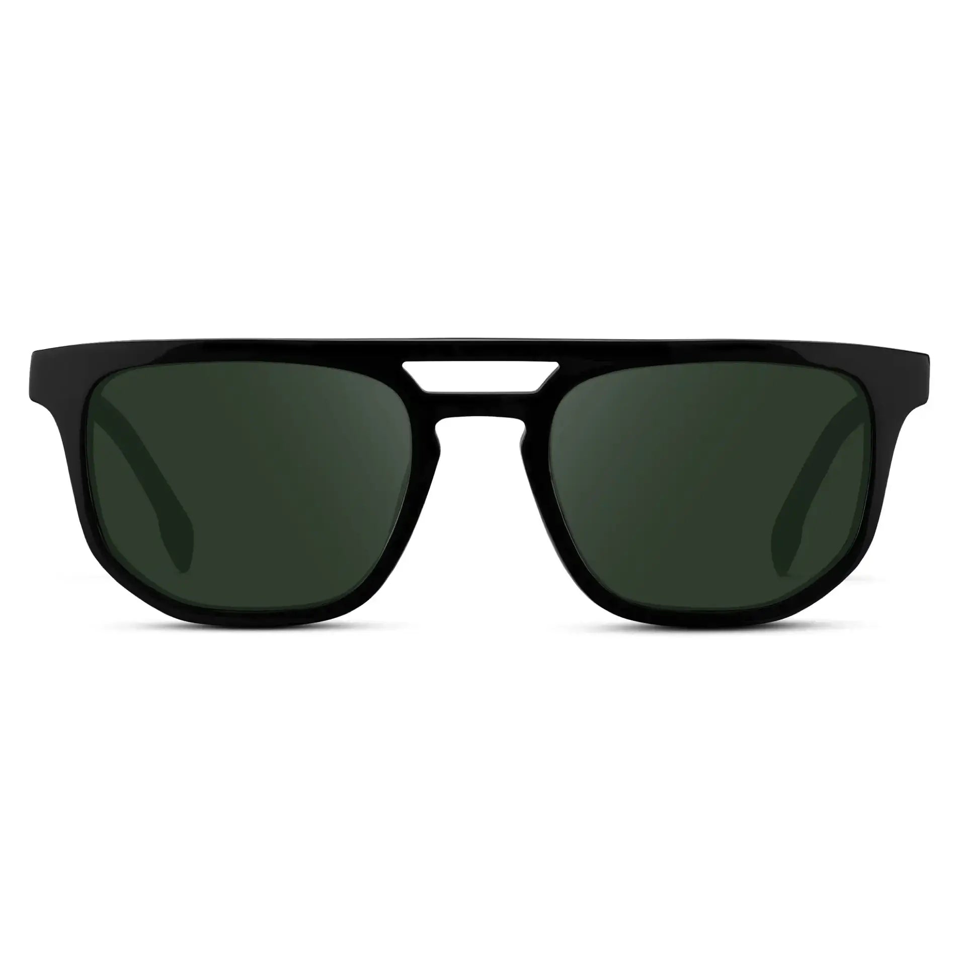 Black / G15 || Men's Rectangular Double Bridge Aviator Prescription Sunglasses with Black Frame and Green Lenses on a white background