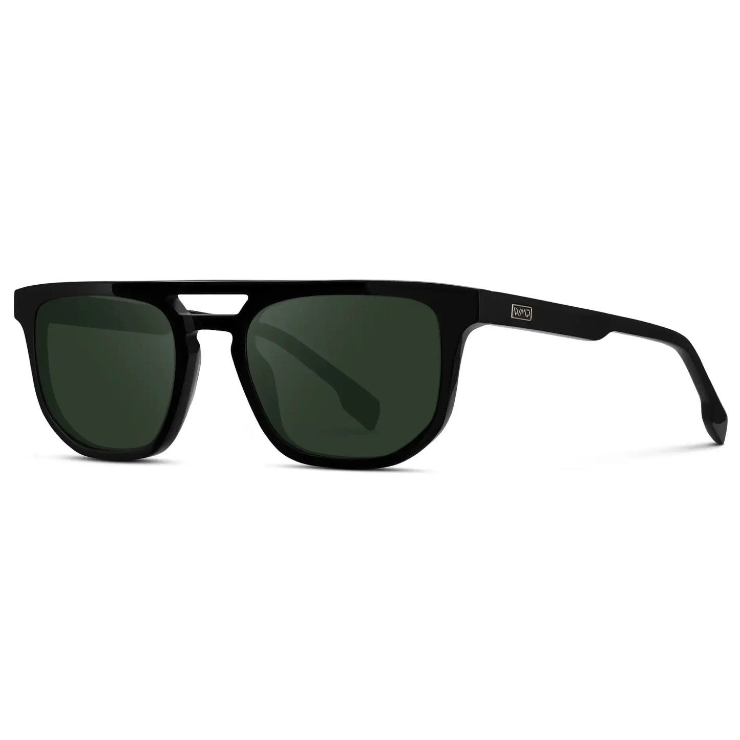 Black / G15 || Side view of Men's Rectangular Double Bridge Aviator Prescription Sunglasses with Black Frame and Green Lenses on a white background