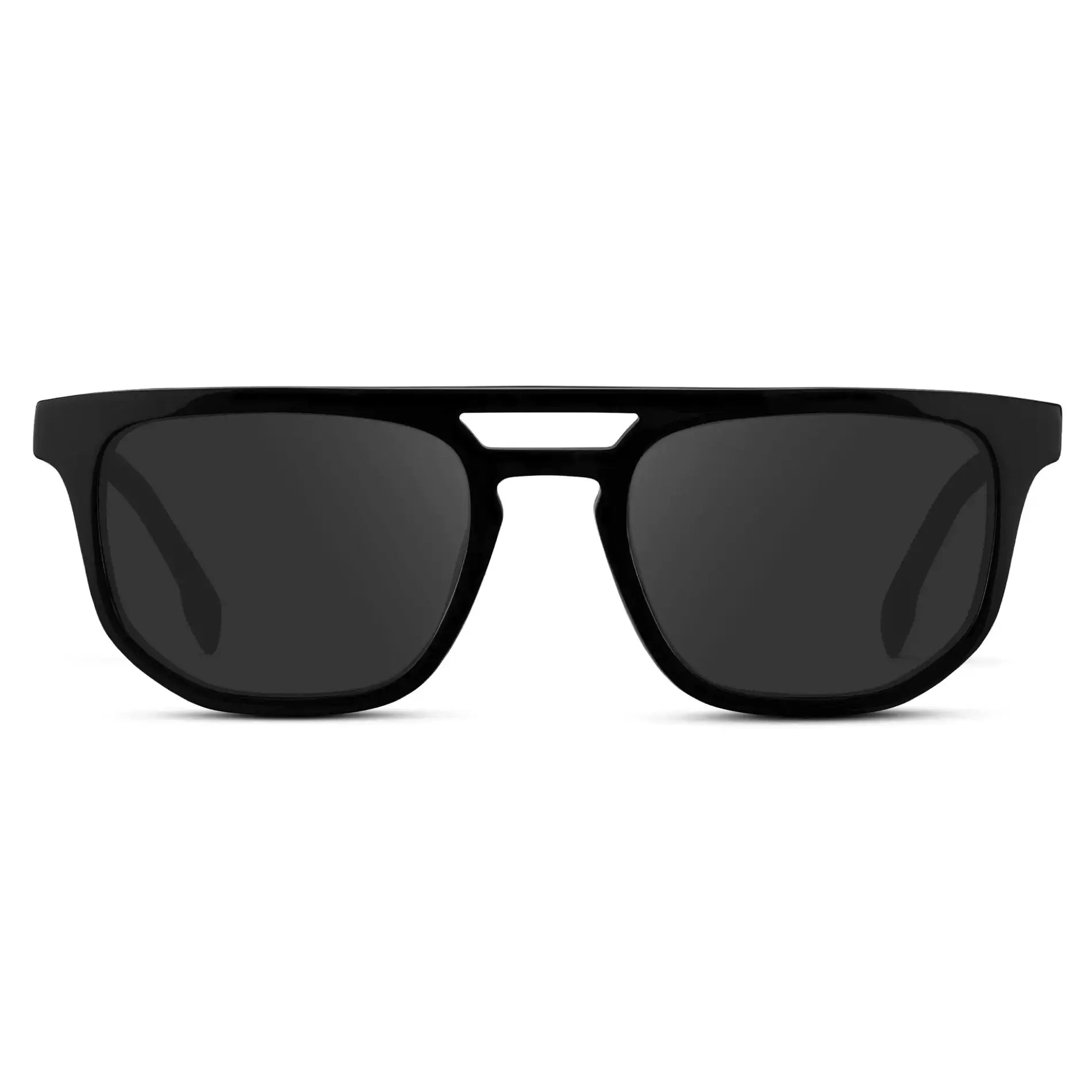Black / Grey || Men's Rectangular Double Bridge Aviator Prescription Sunglasses with Black Frame and Grey Lenses on a white background