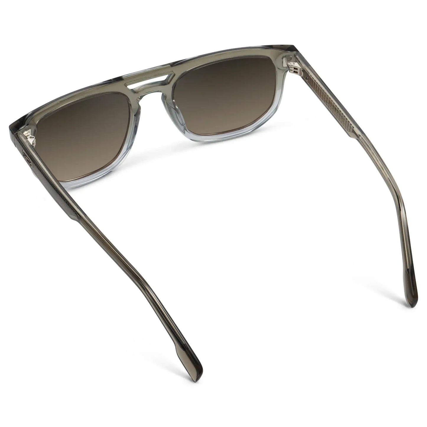 Charcoal Grey / Grey Brown Gradient Lens || Back view of Men's Rectangular Double Bridge Aviator Polarized Sunglasses with Grey Frame and Grey Brown Gradient Lenses on a white background
