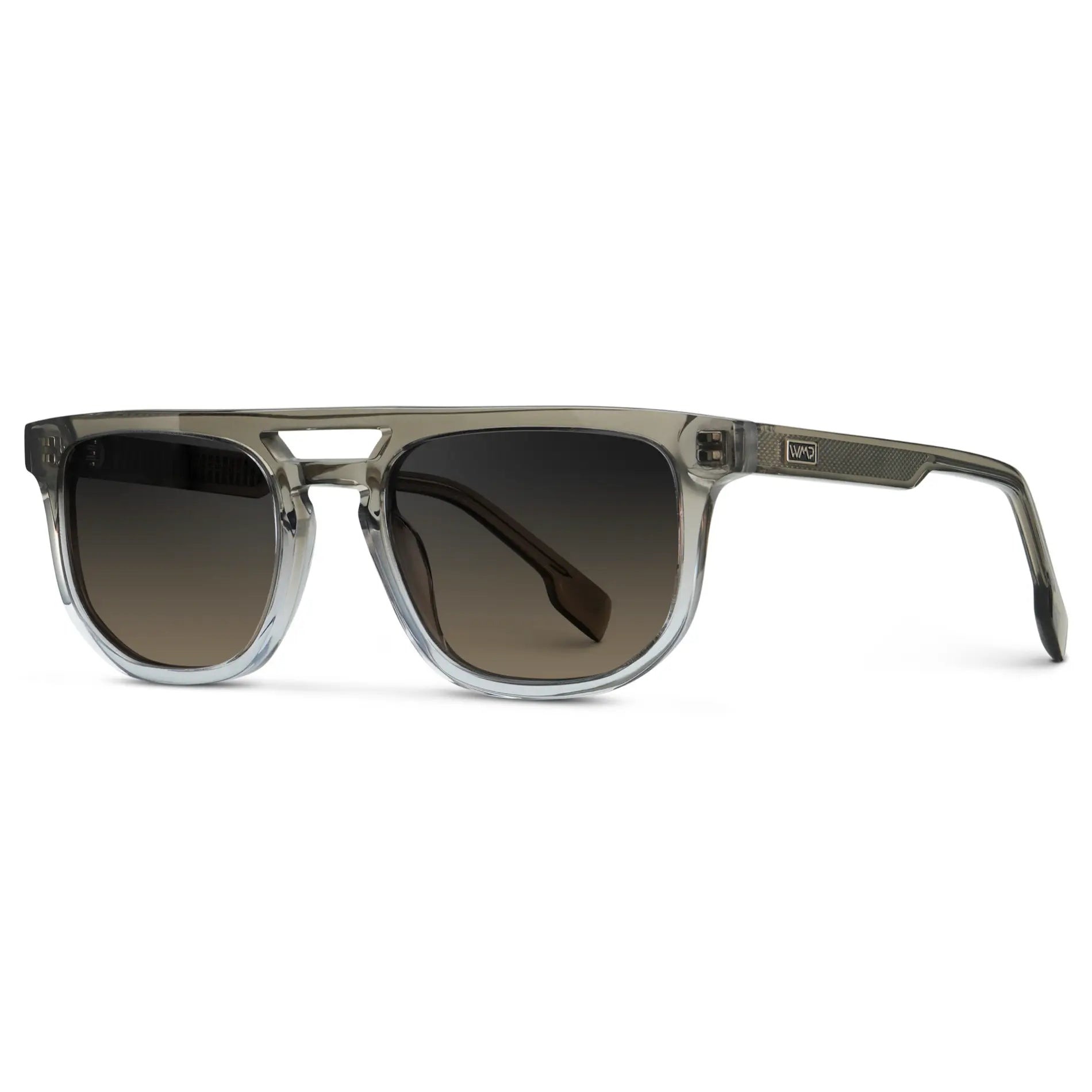 Charcoal Grey / Grey Brown Gradient Lens || Side view of Men's Rectangular Double Bridge Aviator Polarized Sunglasses with Grey Frame and Grey Brown Gradient Lenses on a white background