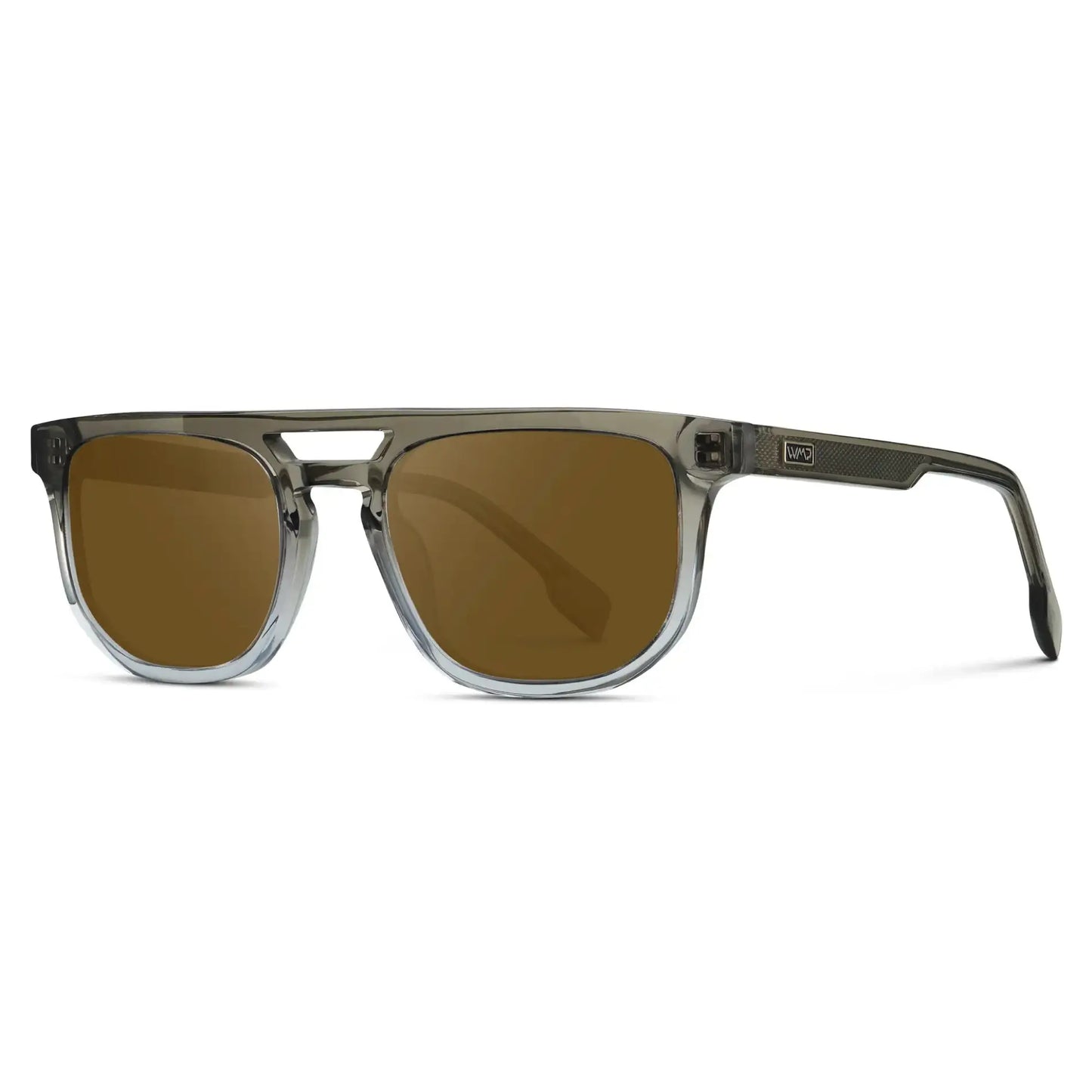 Charcoal Grey / Amber || Side view of Men's Rectangular Double Bridge Aviator Prescription Sunglasses with Charcoal Grey Frame and Amber Lenses on a white background
