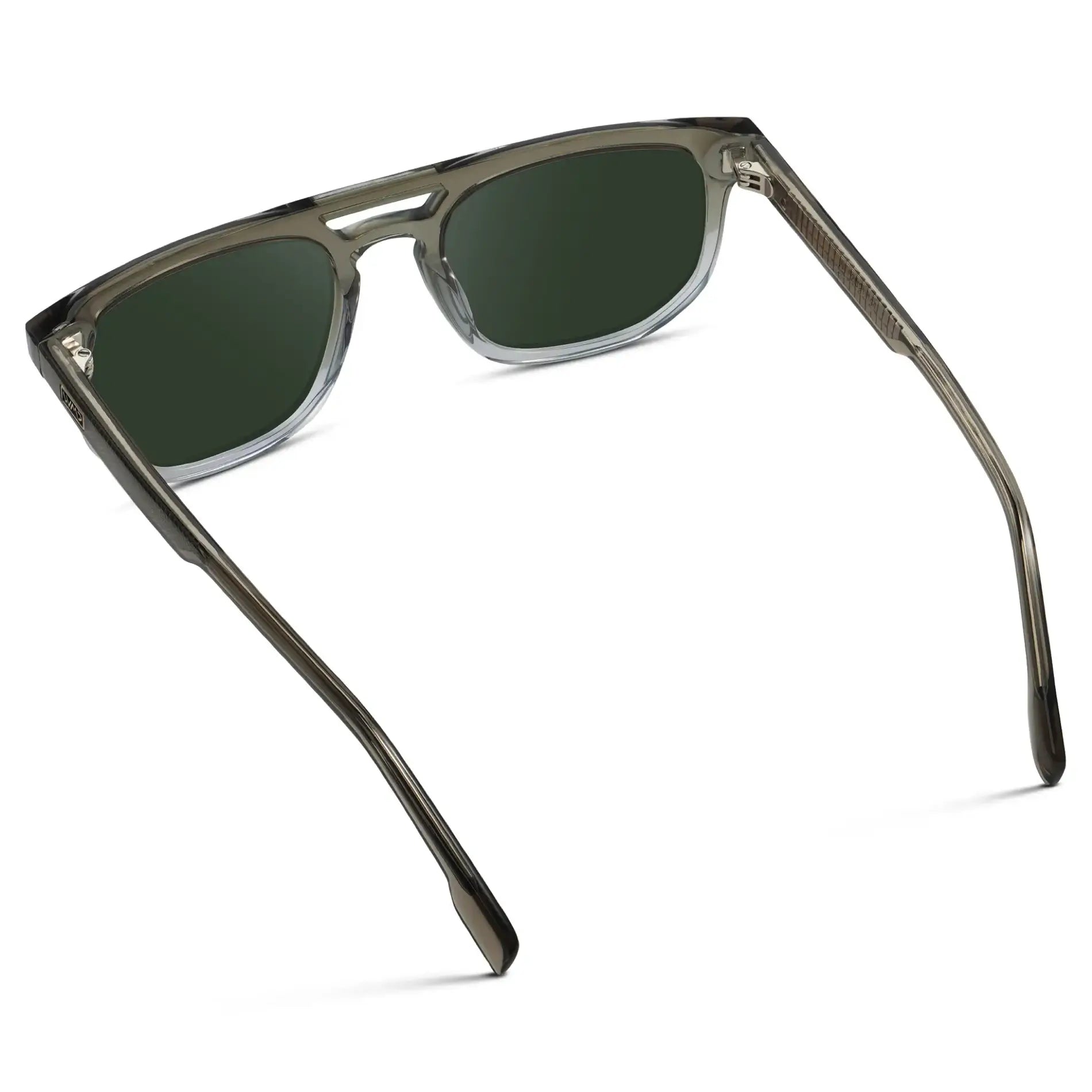 Charcoal Grey / G15 || Back view of Men's Rectangular Double Bridge Aviator Prescription Sunglasses with Charcoal Grey Frame and Green Lenses on a white background
