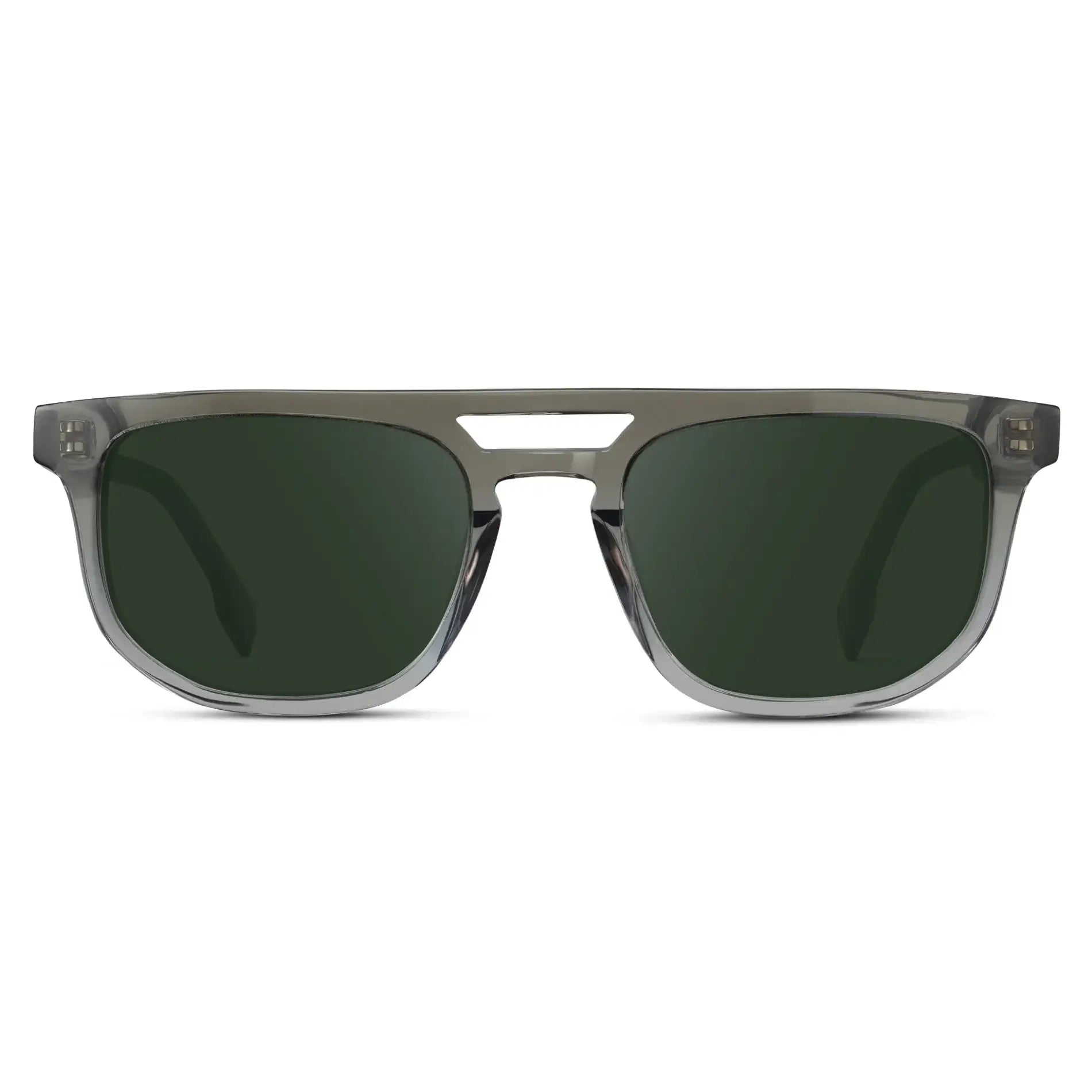 Charcoal Grey / G15 || Men's Rectangular Double Bridge Aviator Prescription Sunglasses with Charcoal Grey Frame and Green Lenses on a white background