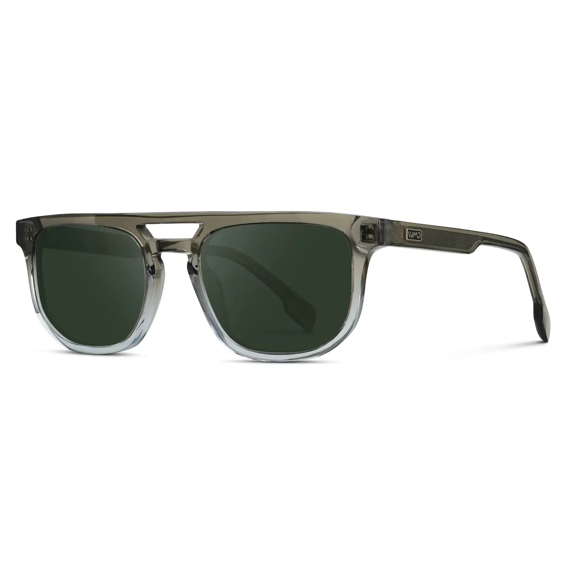 Charcoal Grey / G15 || Side view of Men's Rectangular Double Bridge Aviator Prescription Sunglasses with Charcoal Grey Frame and Green Lenses on a white background