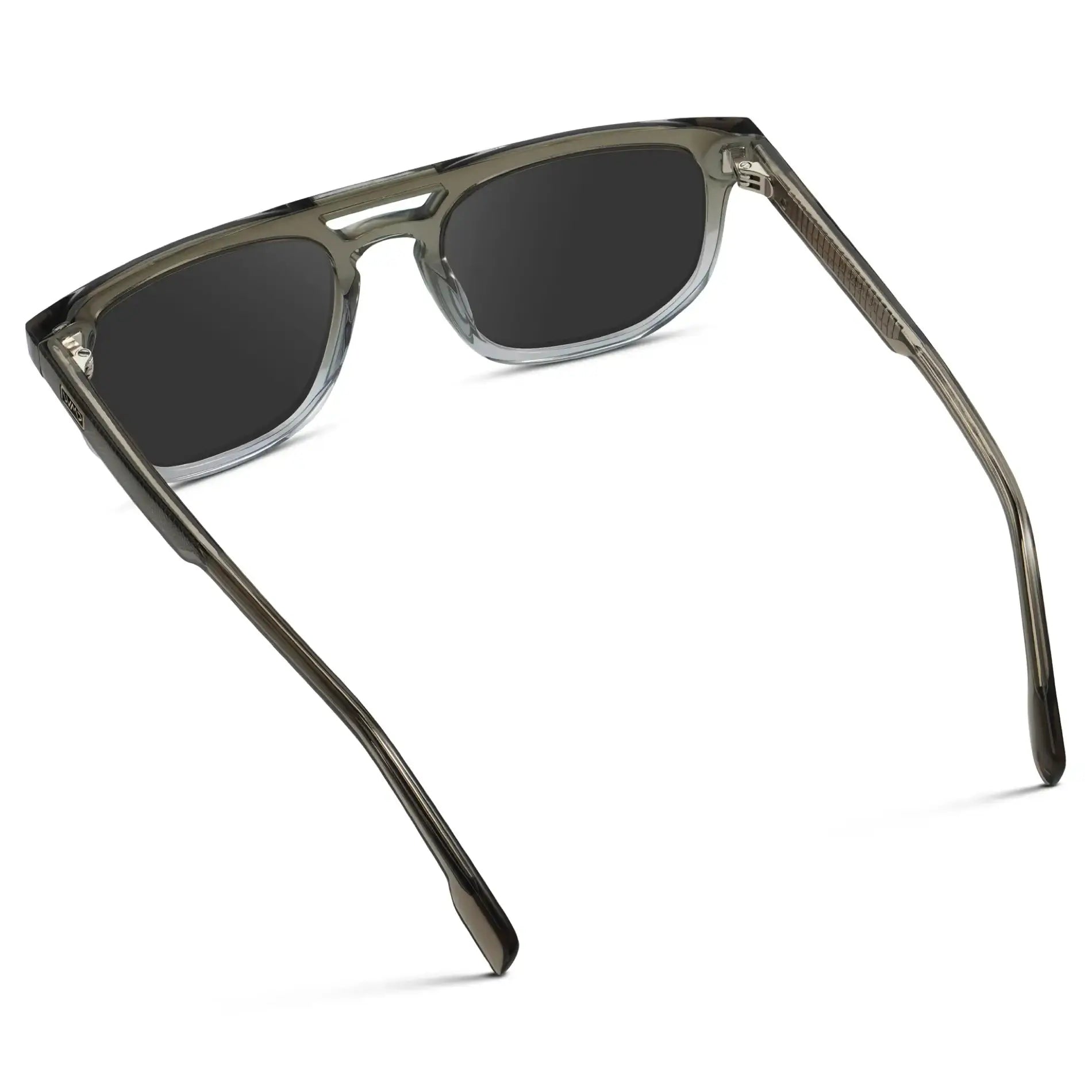 Charcoal Grey / Grey || Back view of Men's Rectangular Double Bridge Aviator Prescription Sunglasses with Charcoal Grey Frame and Grey Lenses on a white background