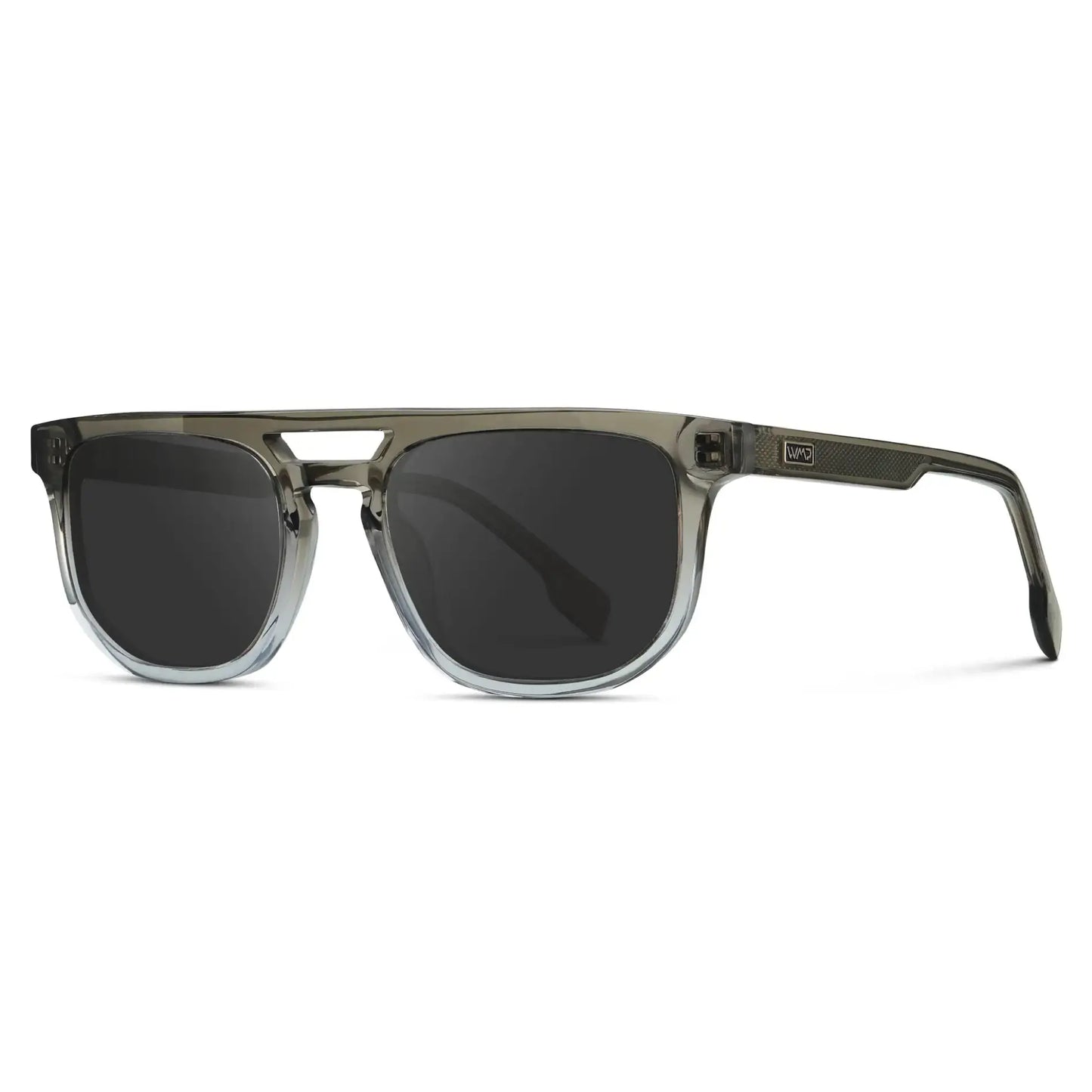 Charcoal Grey / Grey || Side view of Men's Rectangular Double Bridge Aviator Prescription Sunglasses with Charcoal Grey Frame and Grey Lenses on a white background