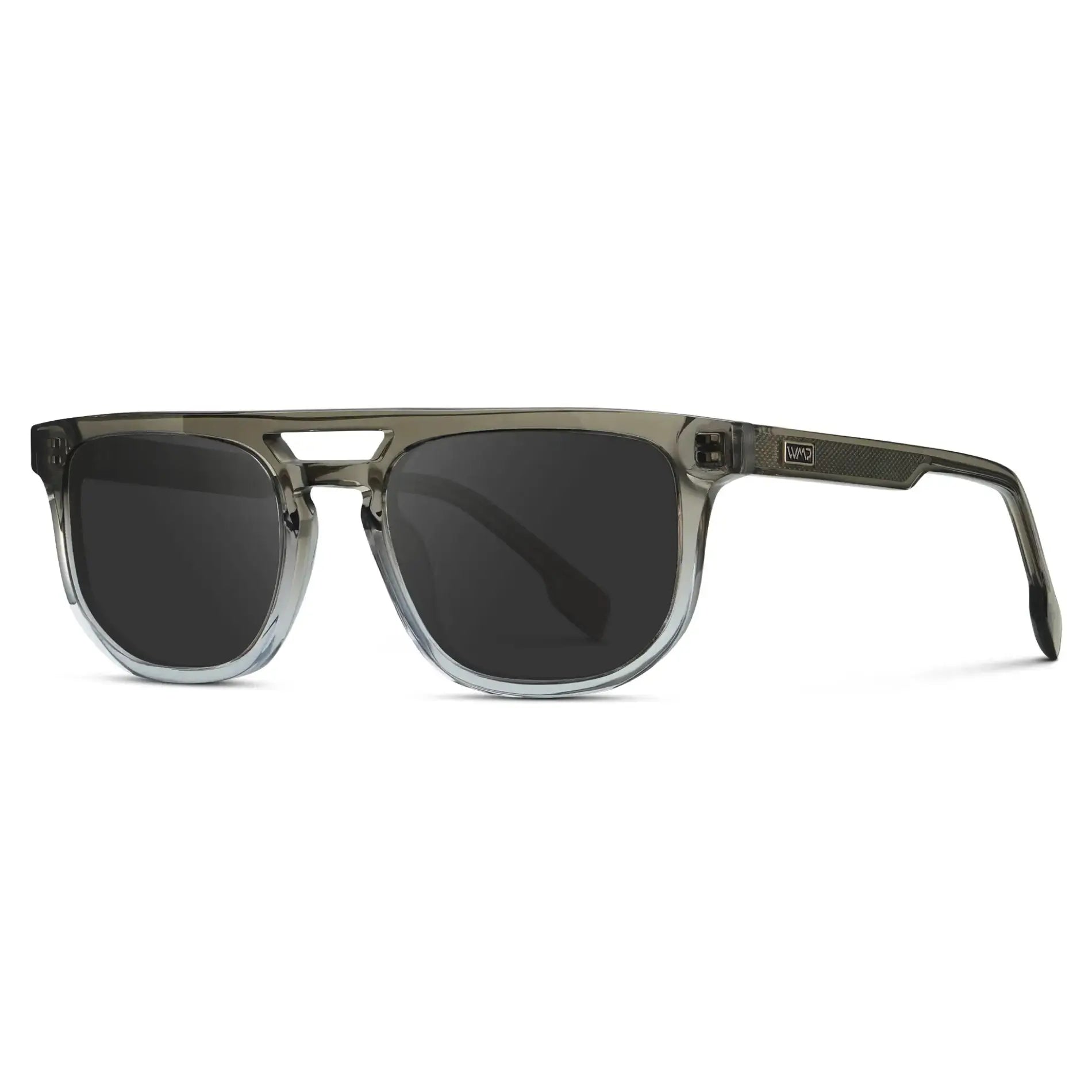 Charcoal Grey / Grey || Side view of Men's Rectangular Double Bridge Aviator Prescription Sunglasses with Charcoal Grey Frame and Grey Lenses on a white background