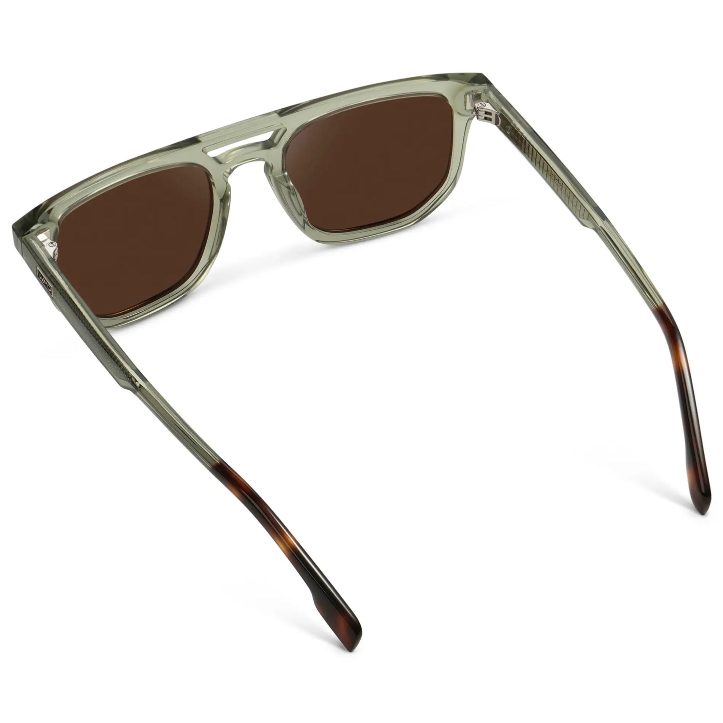 Palm Green / Dark Brown Lens || Back view of Men's Rectangular Double Bridge Aviator Polarized Sunglasses with Green Frame and Brown Lenses on a white background