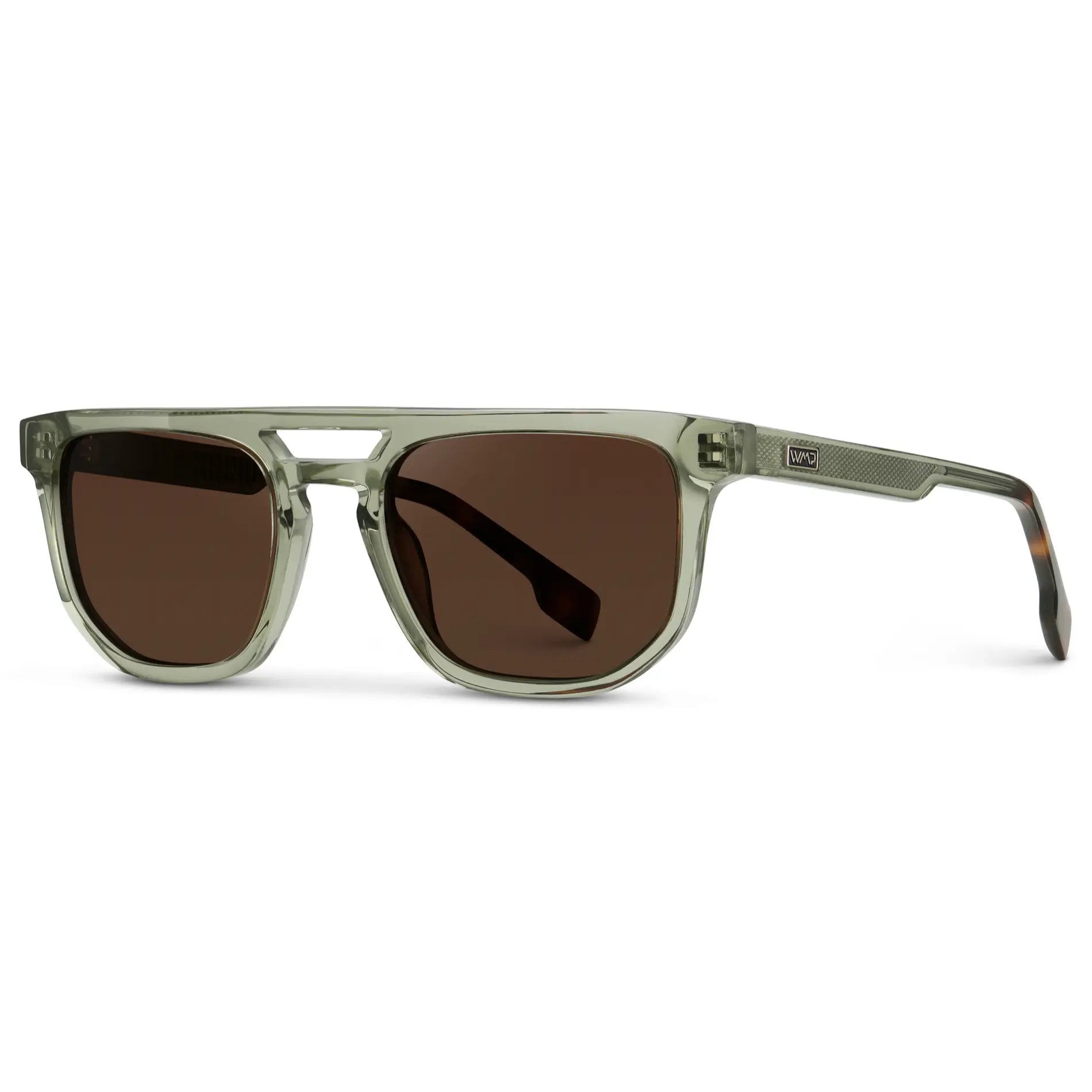 Palm Green / Dark Brown Lens || Side view of Men's Rectangular Double Bridge Aviator Polarized Sunglasses with Green Frame and Brown Lenses on a white background