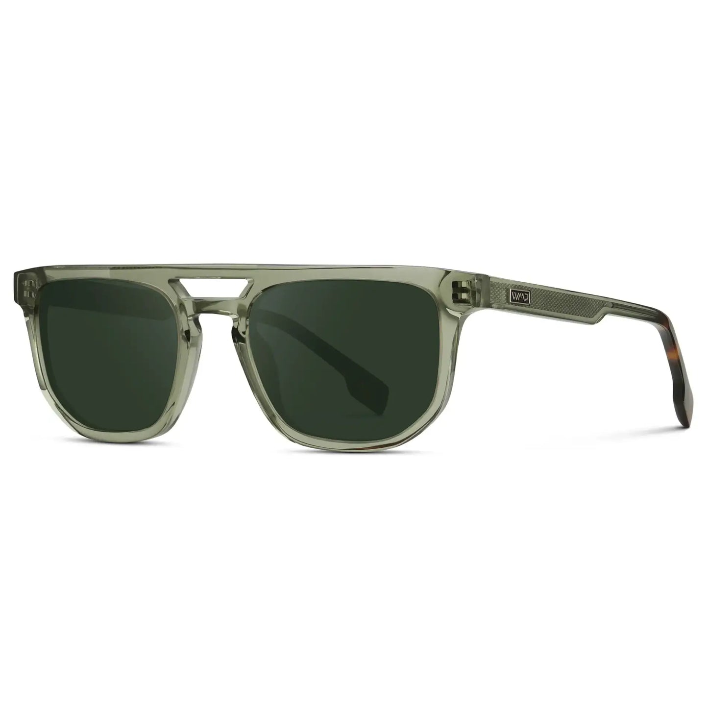 Palm Green / G15 || Side view of Men's Rectangular Double Bridge Aviator Prescription Sunglasses with Palm Green Frame and Green Lenses on a white background