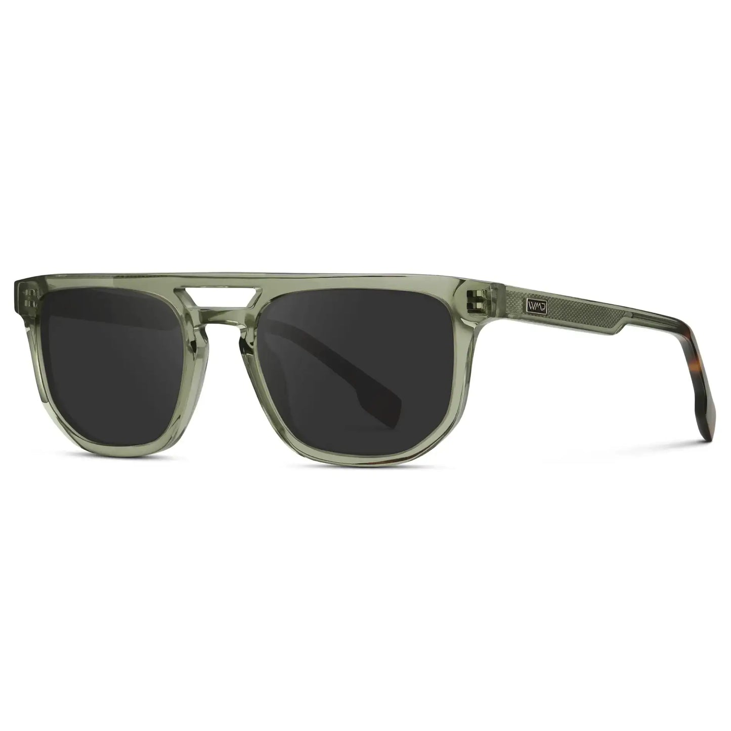 Palm Green / Grey || Side view of Men's Rectangular Double Bridge Aviator Prescription Sunglasses with Palm Green Frame and Grey Lenses on a white background