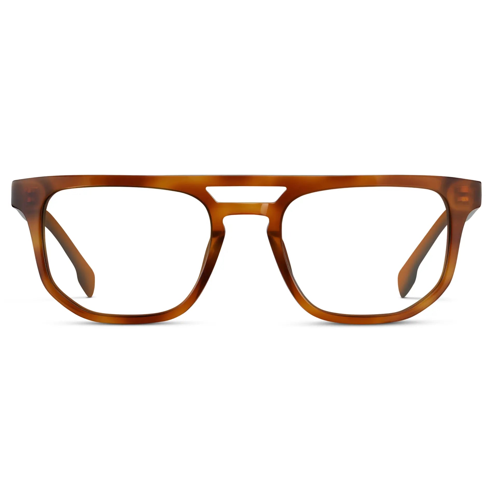 Honey Tortoise || Men's Rectangular Double Bridge Aviator Prescription Glasses with Honey Tortoise Frame and Clear Lenses on a white background