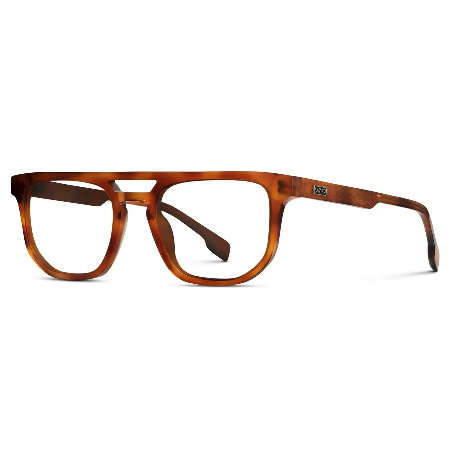 Honey Tortoise || Side view of Men's Rectangular Double Bridge Aviator Prescription Glasses with Honey Tortoise Frame and Clear Lenses on a white background