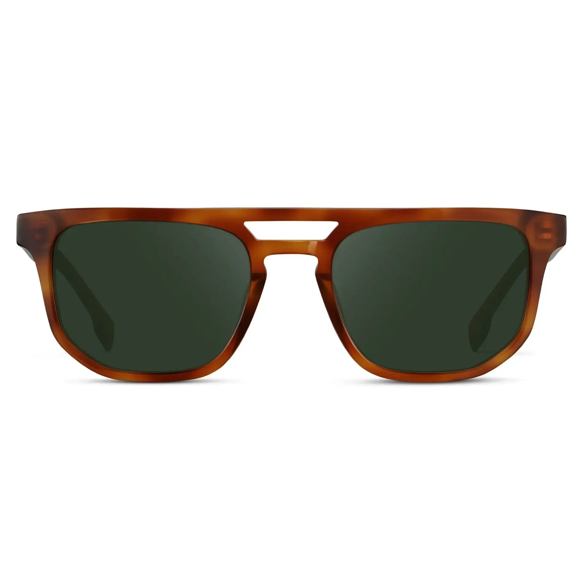 Honey Tortoise / G15 || Men's Rectangular Double Bridge Aviator Prescription Sunglasses with Honey Tortoise Frame and Green Lenses on a white background